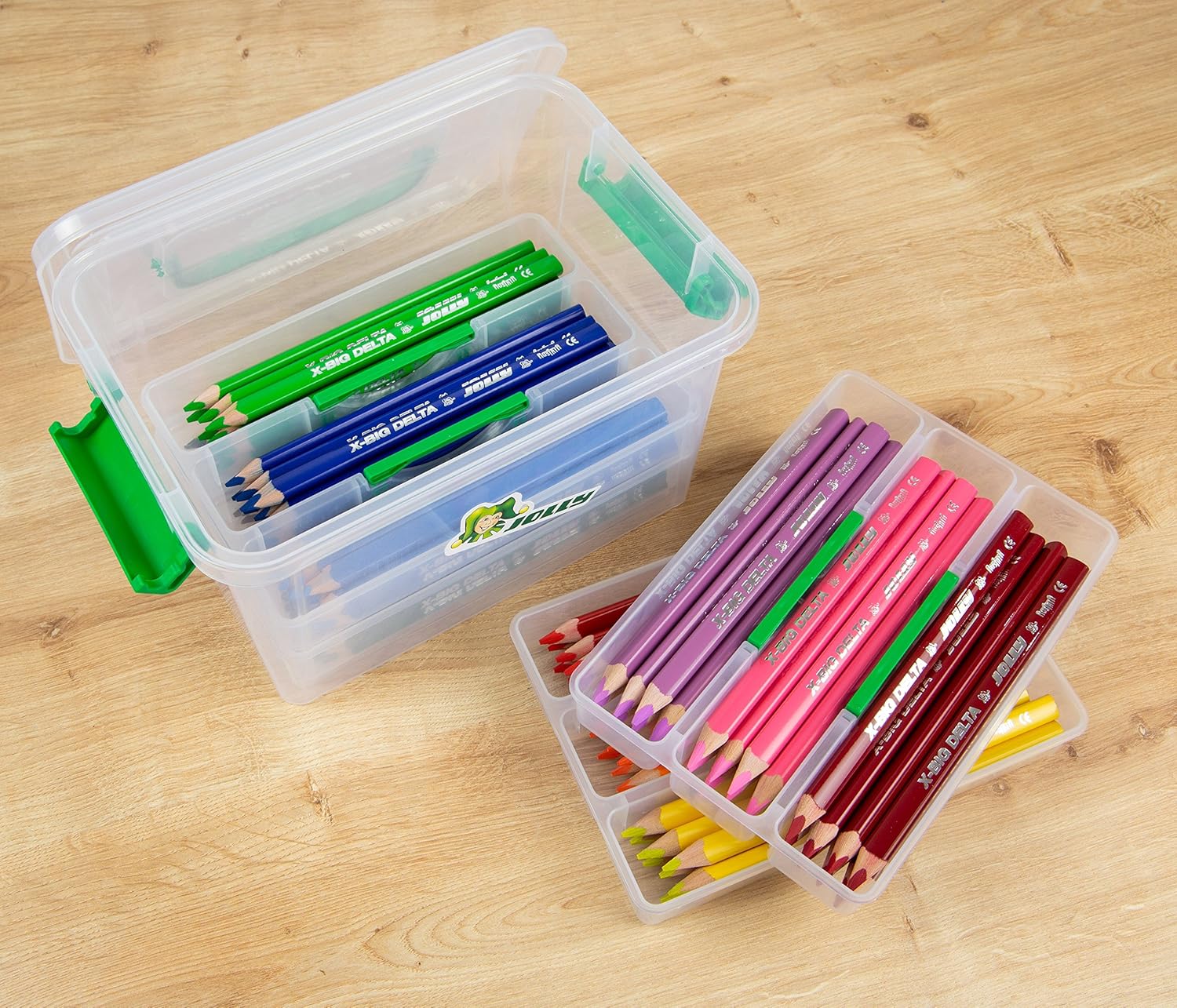 JOLLY X-Big-Delta Nursery Case, Triangular Colouring Pencils, 96 Colouring Pencils in 12 Colours, in Practical Helkelbox with Lid, Removable Pen Compartments, Shatterproof and Childproof Colouring
