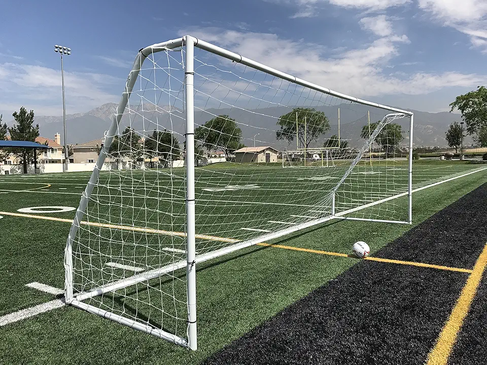 Premier 18 X 7 Ft. Official Regulation Soccer Goal. 2" Diameter Powder Coated Steel Frame w/Durable 4mm Net, Ground Stakes, Elastic Clasps &amp; Re-Usable Ties. 18x7 Foot.