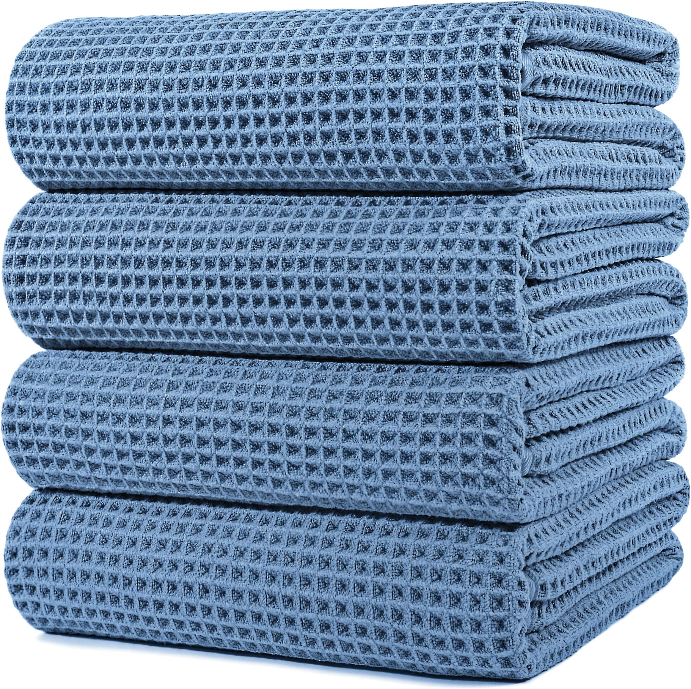 POLYTE Microfibre Oversize Quick Dry Lint Free Bath Towel, 152 x 76 cm, 4 Pack (Blue, Waffle Weave)