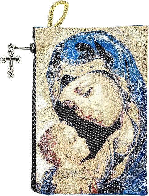 Intercession Hand-Woven, Lined Madonna and Child Rosary Pouch, Made in Turkey with Premium Metallic Thread (Blue - Large)