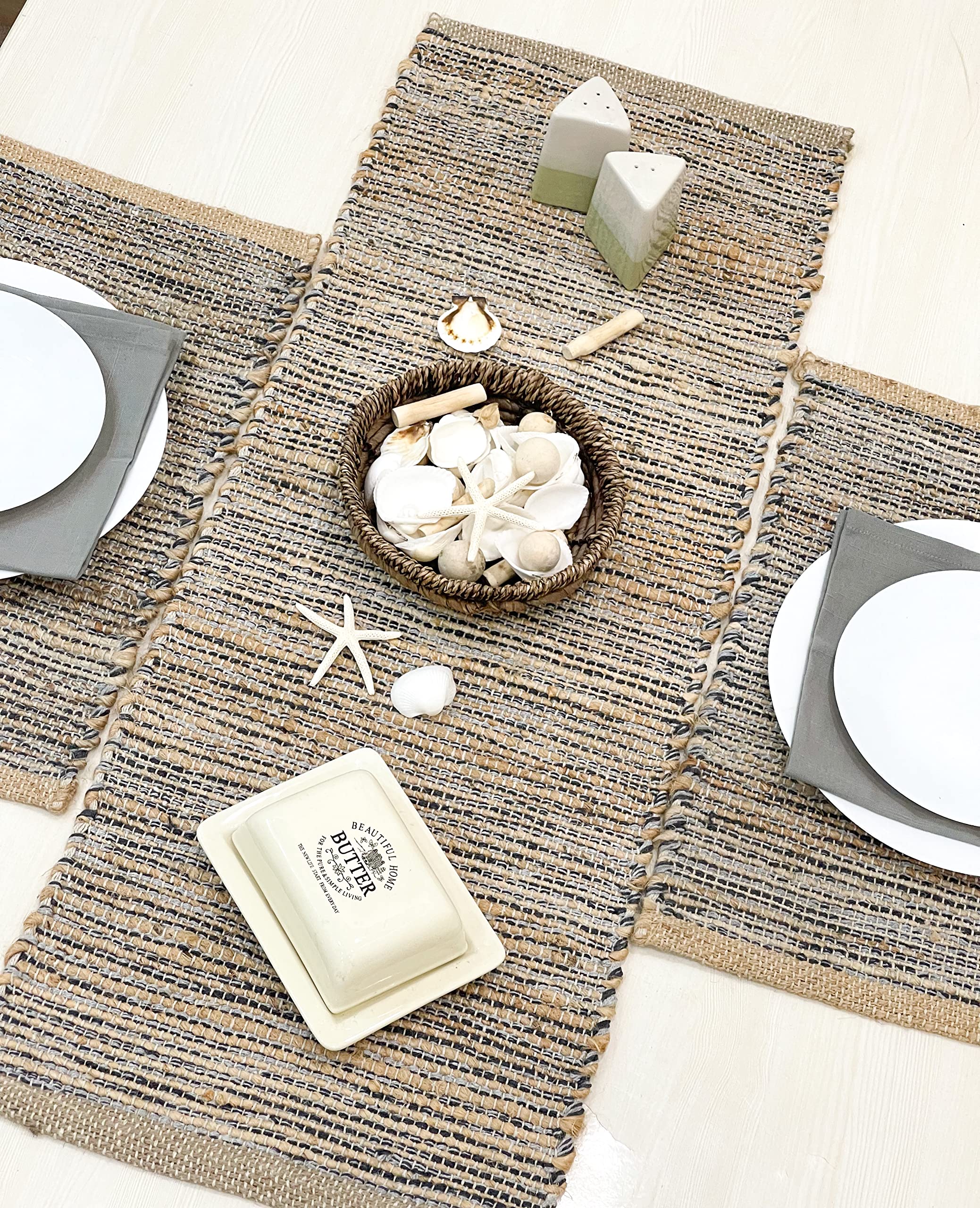 Chardin Home Natural Jute Table Runner - 13x36 Rustic Farmhouse Style - Colors: Natural Jute and Greys