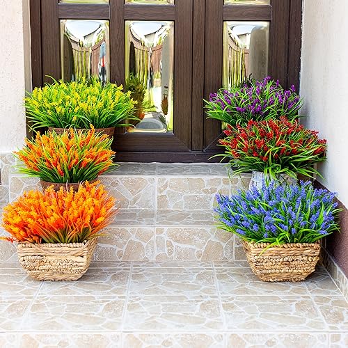 Miniatura 6 de Flores artificiales de otoño para decoración de exteriores, 20 paquetes de lavanda falsa con hierba, plantas de otoño sintéticas de plástico