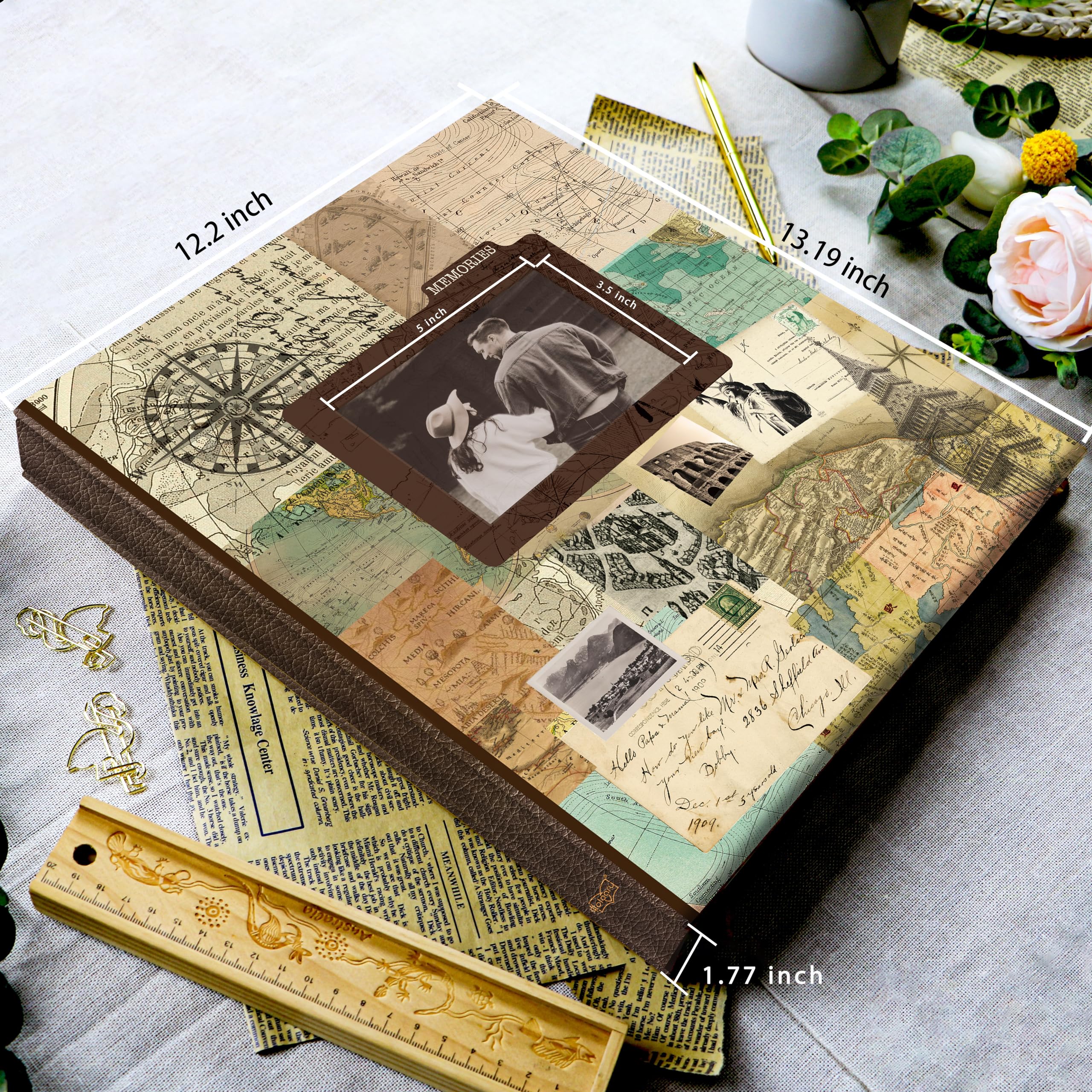 Holoary Fotoalbum, für Fotos 10,2 x 15,2 cm, 500 Fotos, 5 Bilder pro Seite, mit Fotorahmenfenster, 500 Taschen für Fotos, bedruckter Bucheinband, Reise-Design, Weltkarte im Abenteuer-Stil