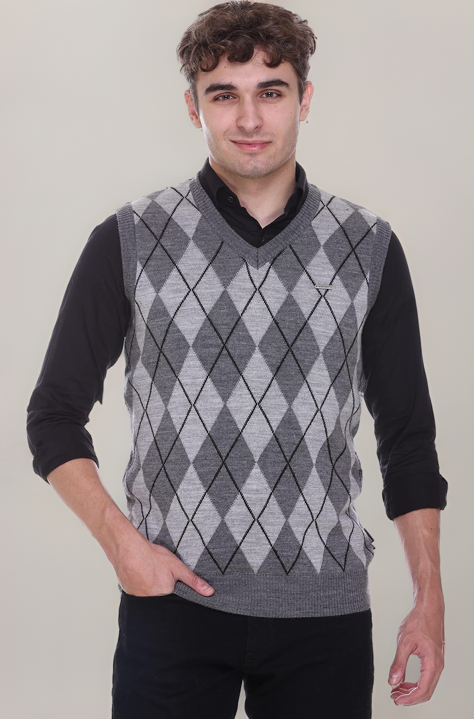 Woolen V Neck Sleeveless Half Sweater for Man Winter Pullover