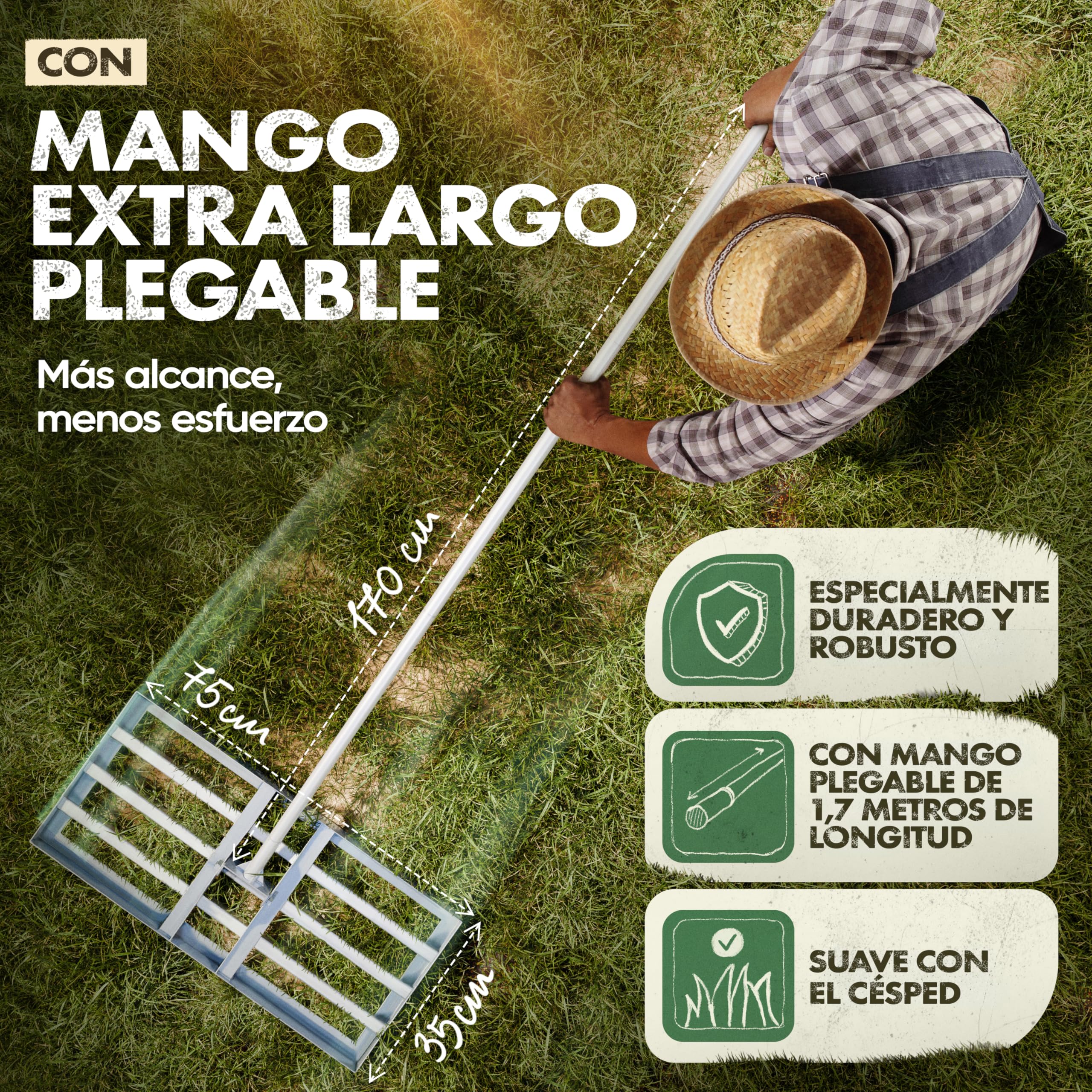 GARLINGO Rastrillo de césped | 75 x 35 cm | Incl. Mango METÁLICO de 1,7m | Rastrillo de césped para lijar el césped, nivelar la Arena del césped, aireador Nivelador de césped con rastrillo