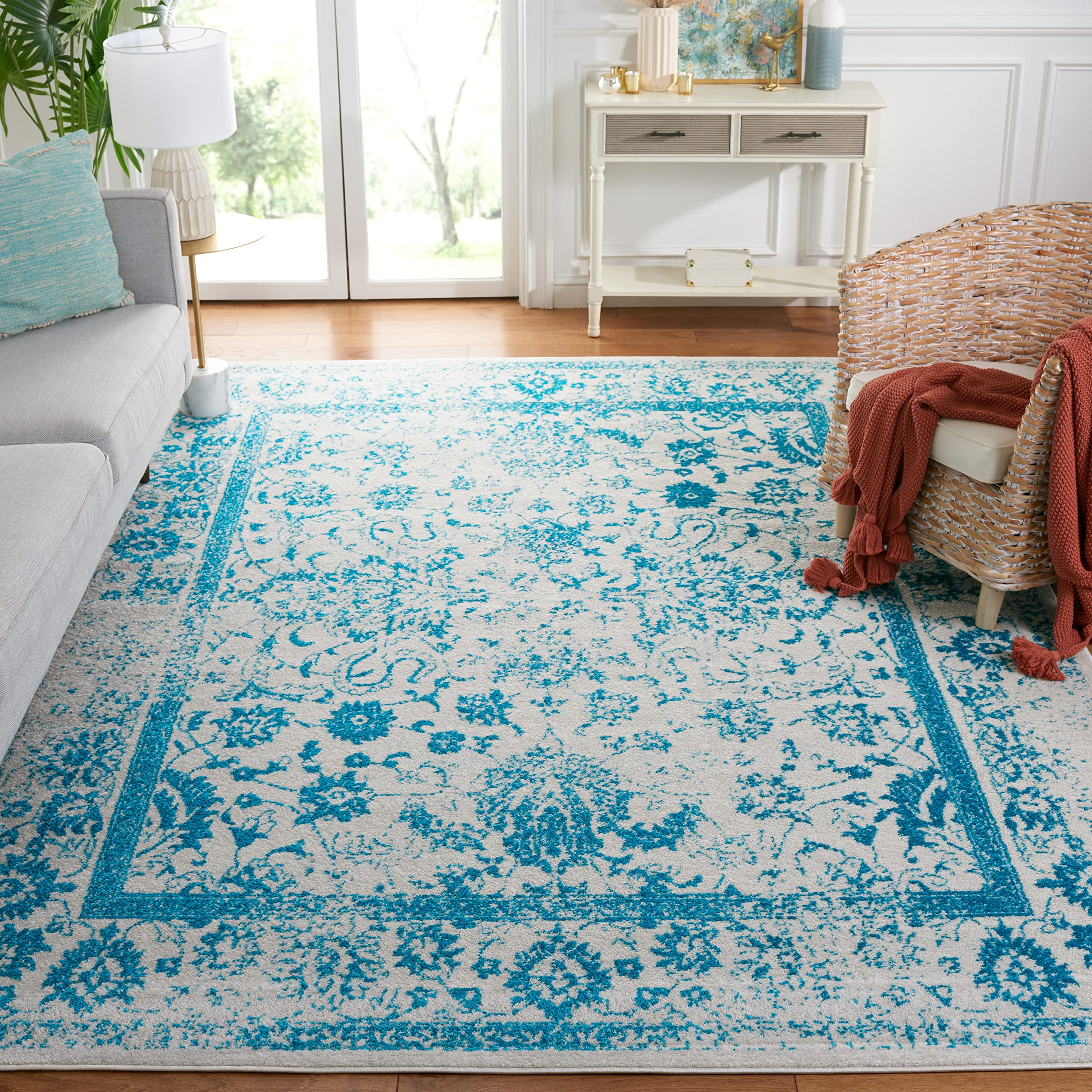 SAFAVIEH Adirondack Collection Area Rug - 4' Square, Ivory & Teal, Distressed Vintage Floral Design, Non-Shedding & Easy to Clean, Ideal for Living