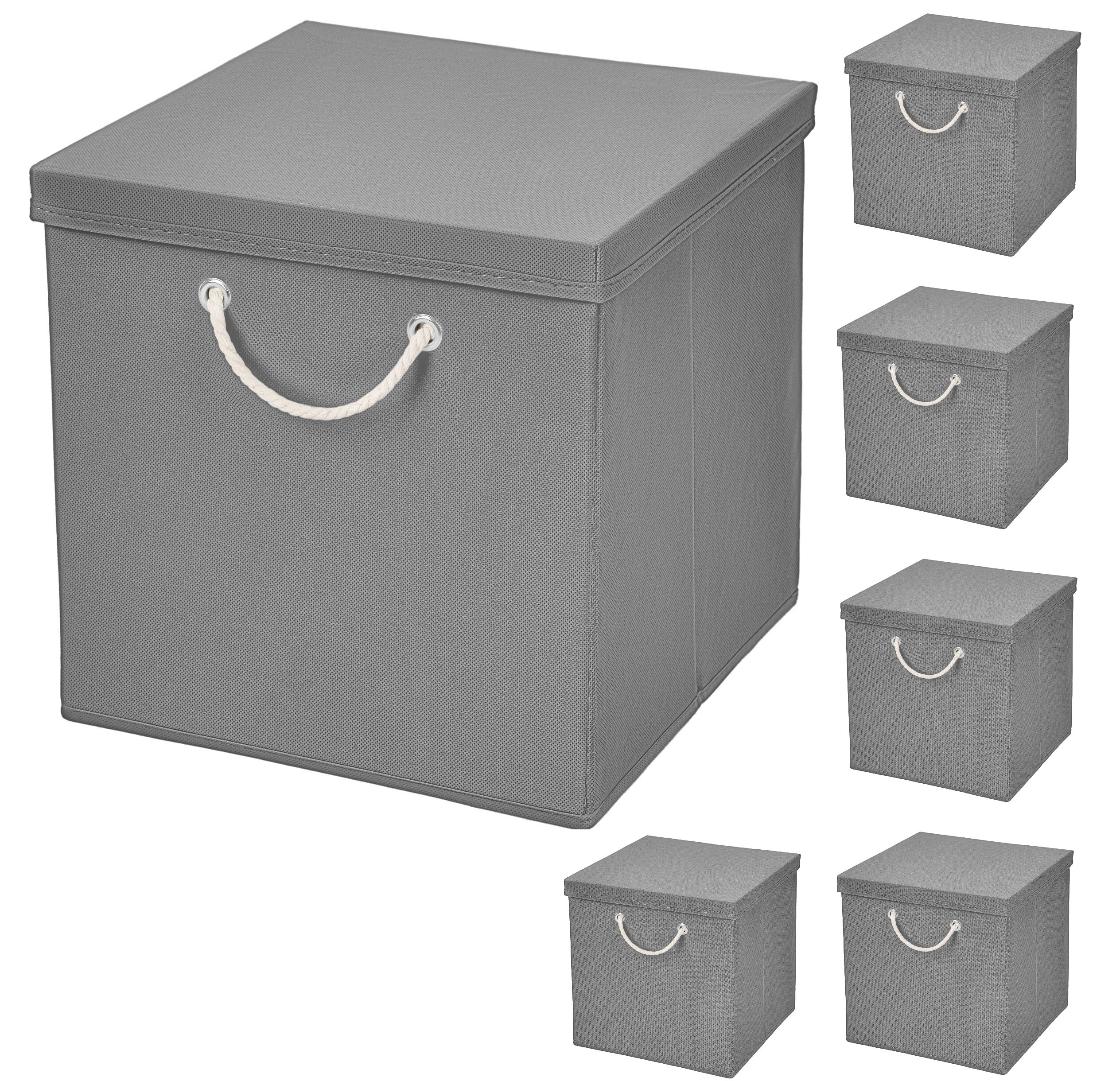 6er Set Hellgrau Faltbox 30 x 30 x 30 cm Aufbewahrungsbox faltbar mit Kordel und mit Deckel