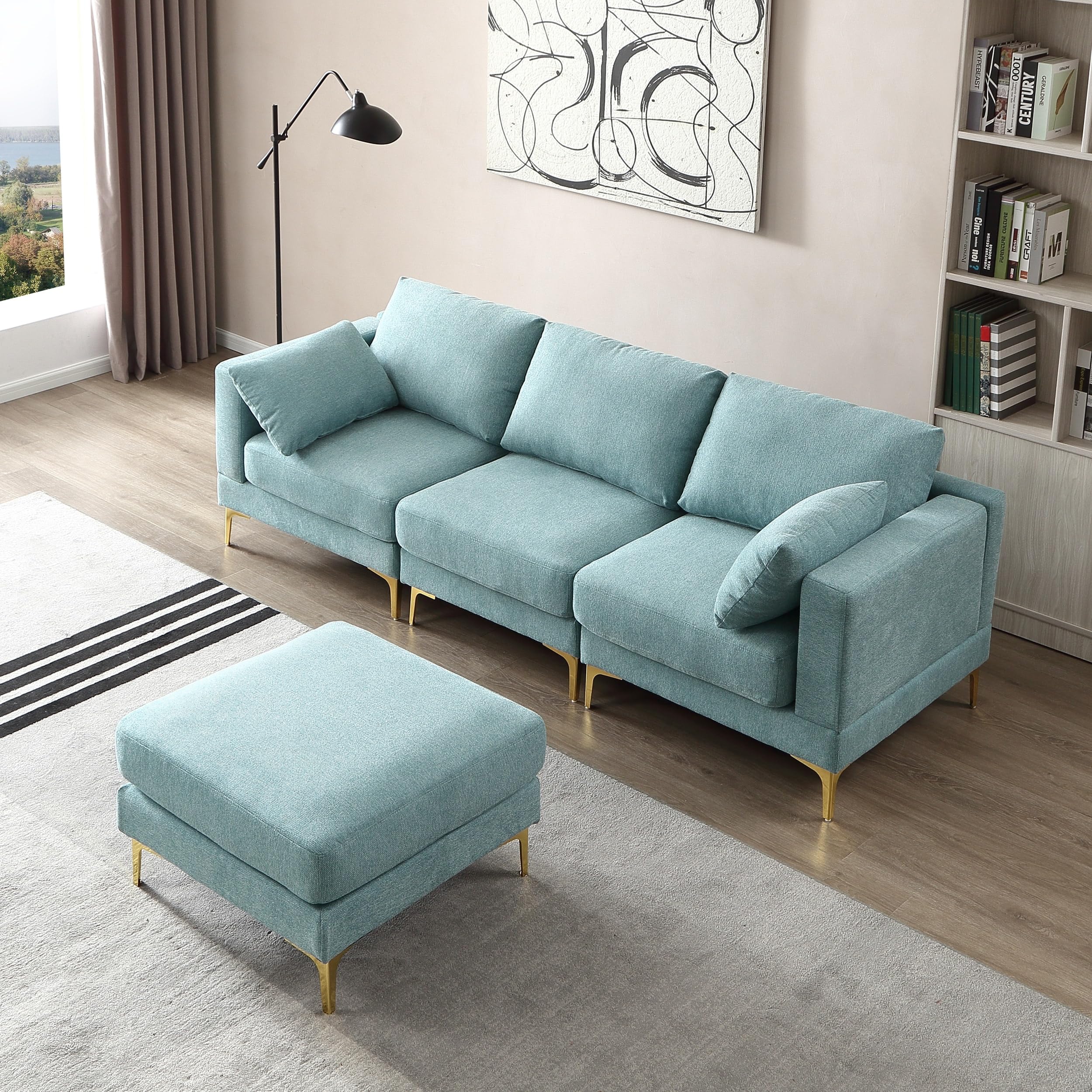 Caradel Carol 3 Seater Sofa Set with Ottoman Storage Light Blue | Fabric Sofas Set 3 Seater 1 Ottoman | Sectional 4 Seater L Shape Sofa Set for Home Décor-image-33