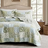 WDCOZY King Size 100% Cotton Reversible Patchwork Quilt Set with 2 Pillow Shams - Green Floral Farmhouse Bedspread All Seasons
