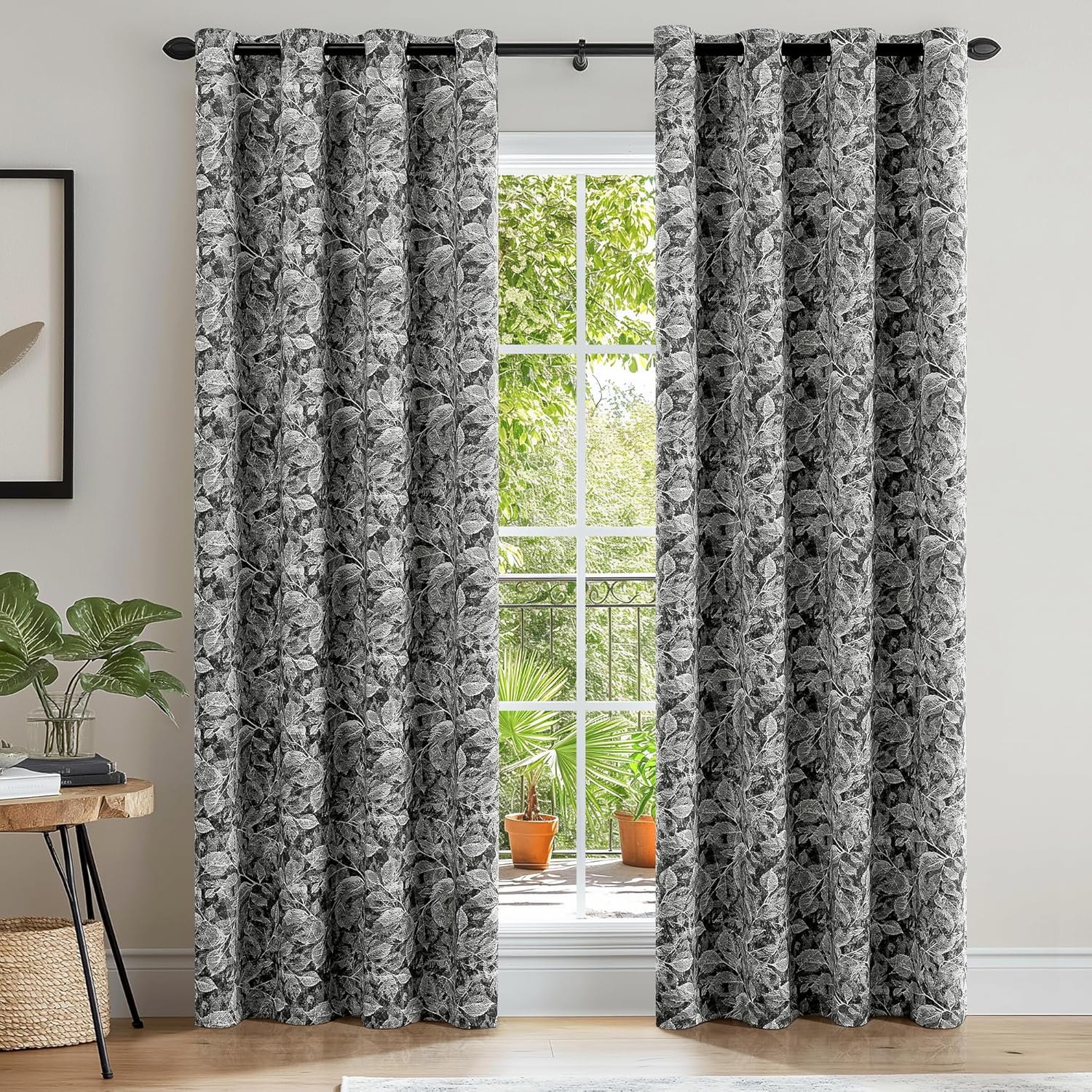 ChrisDowa Black Blackout Curtains 84 Inches Long 2 Panels for Bedroom Living Room,Flower Patterned Room Darkening Thermal Insulated Soundproof Grommet Window Treatments Drapes,52X84