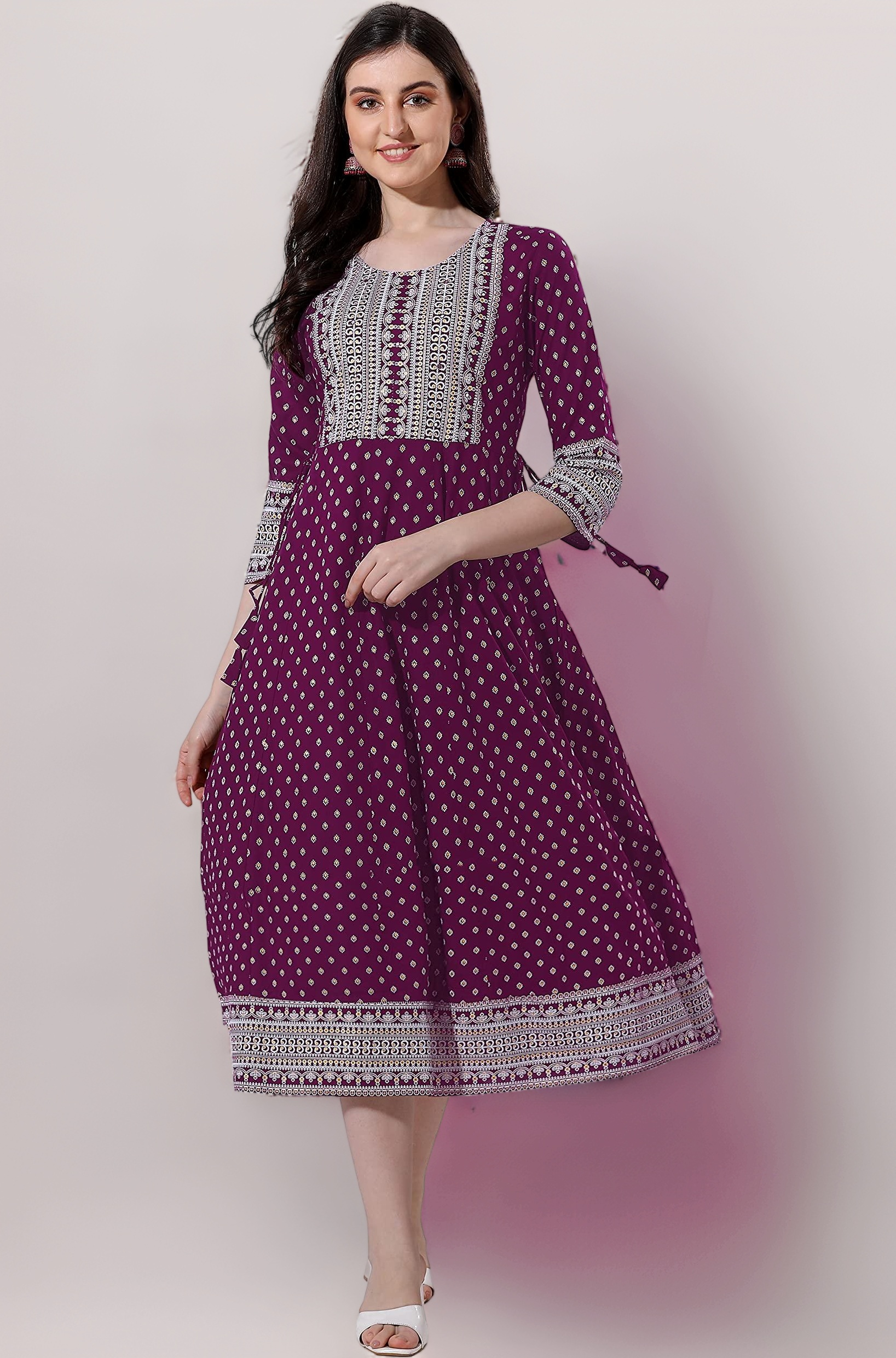 MIRCHI FASHION Women's Cotton Relaxed Fit A Line Sequins Embroidery Work Foil Printed A-Line Kurti Only