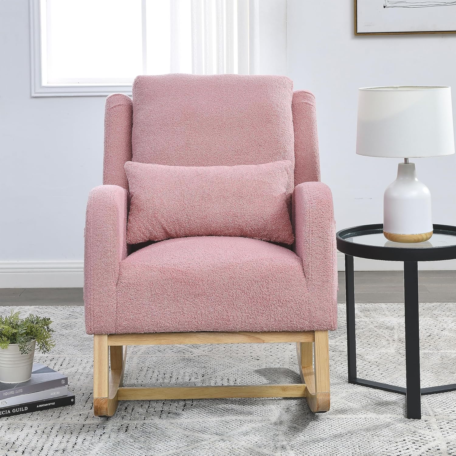 KINFFICT Nursery Rocking Accent Chair, Velvet Upholstered Glider Rocker Armchair with Lumbar Pillow, Comfy Side Chair Modern Rocking Lounge Chairs Indoor with Side Pocket for Living Room (Teddy Pink)