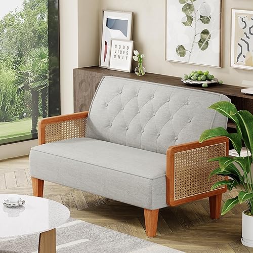 Sofá de dos plazas con reposabrazos de ratán natural, respaldo con botón y hebilla copetuda, sofá de banqueta, sofá biplaza para comedor, sala de