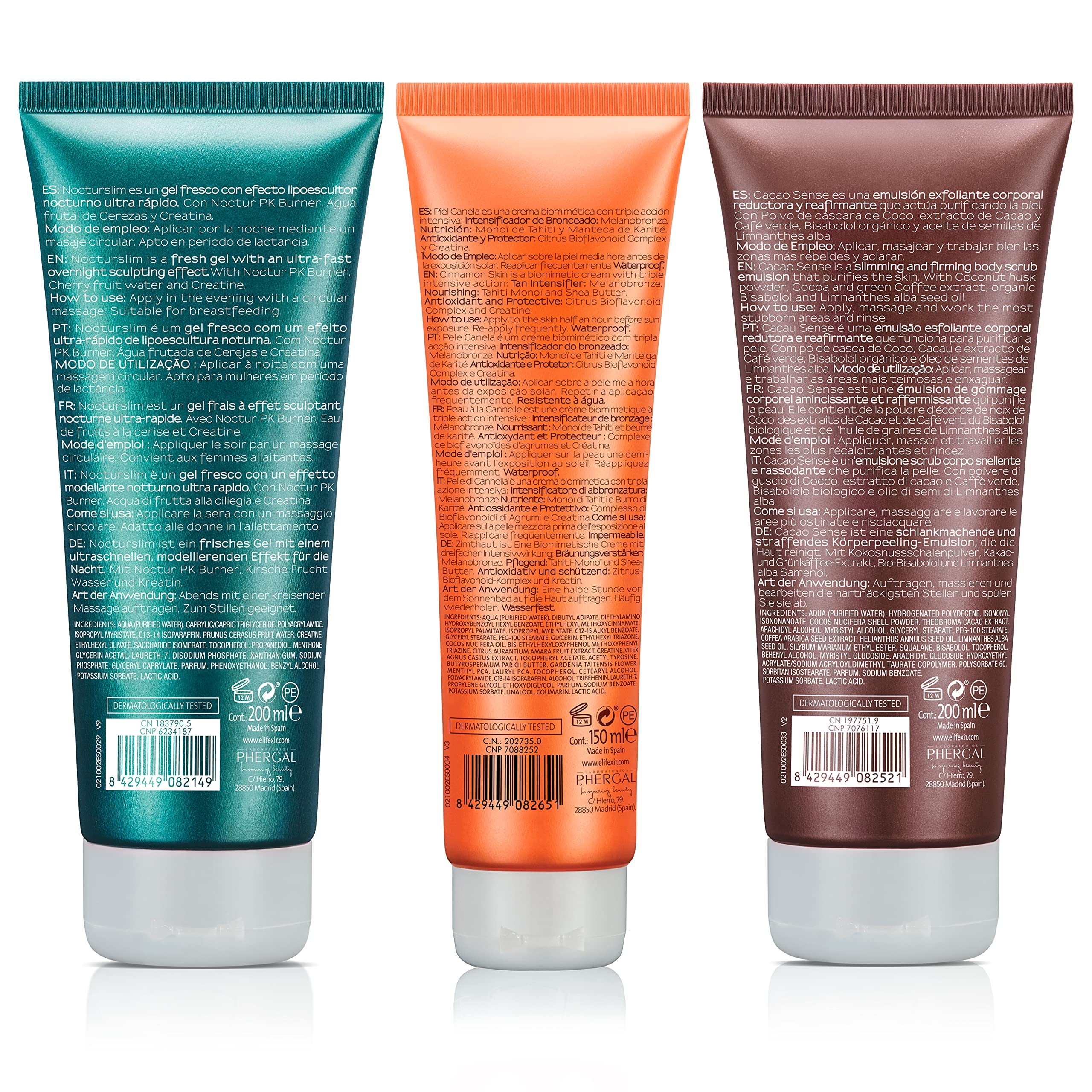 Elifexir | Cacao Sense + Nocturslim + Piel Canela + Regalo | Exfoliante Corporal + Quemagrasas Nocturno + Acelerador del Bronceado + Bolsa | 200ml + 200ml + 150ml