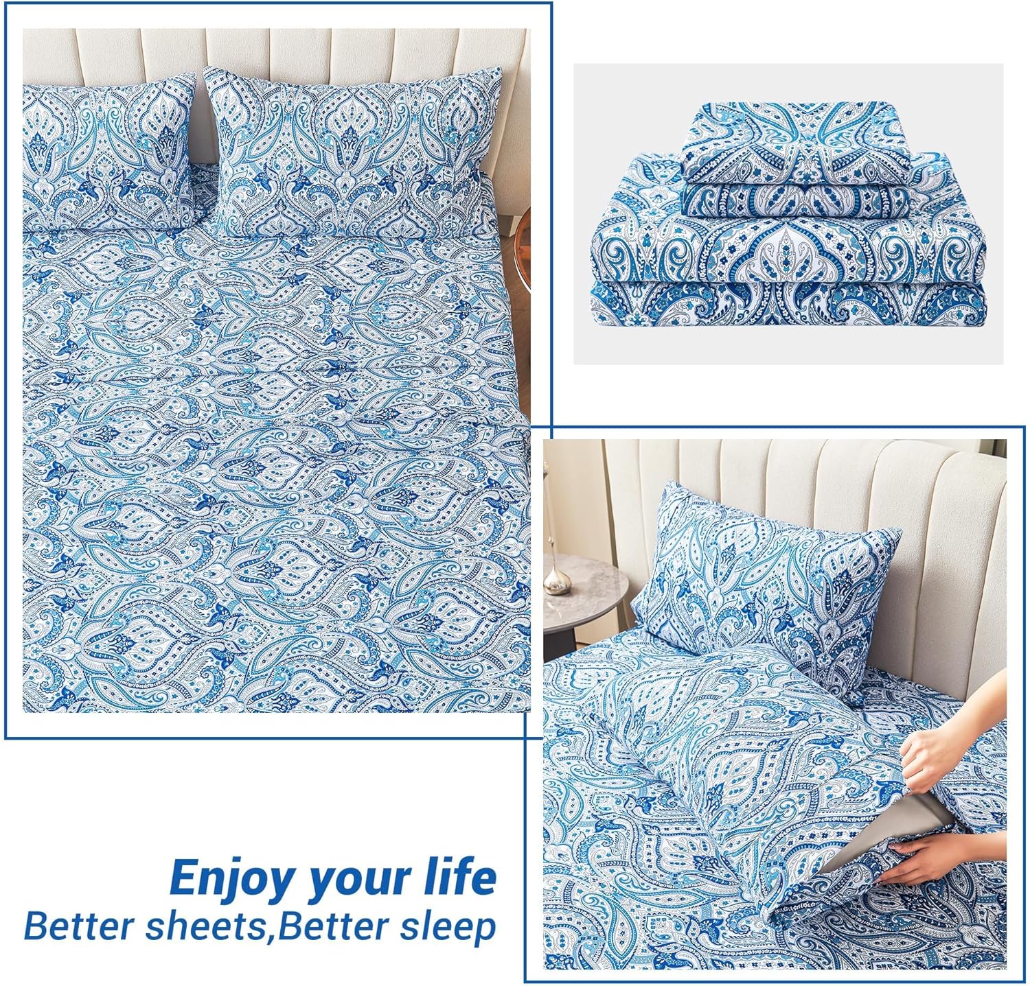 Softan Blue Paisley Printed Bed Sheets Full Size, Floral Sheet Set Full, Brushed Microfiber Patterned Fitted Sheet with 15" Deep Pocket & Non-Slip Straps, Blue Flower Sheets & Pillowcase Set - Image 7