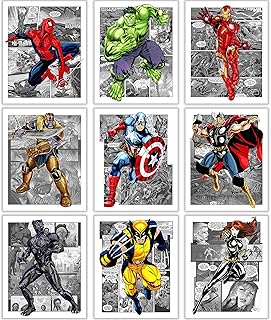 Superhero Posters for Boys Room - 8x10 Inches Set of 9 UNFRAMED - Superhero Wall Art - Superhero Wall Decor - Superhero Comics Characters for Boys Room Nursery Kids Rooms Playroom