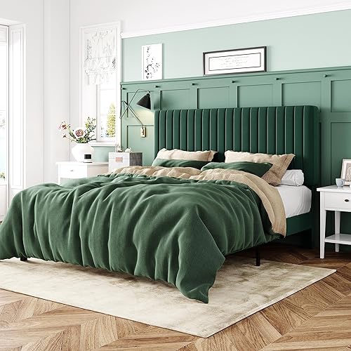 Allewie Queen Bed Frame, Velvet Upholstered Platform Bed with Adjustable Vertical Channel Tufted Headboard, Mattress Foundation with Strong Wooden Slats, Box Spring Optional, Easy Assembly, Green - Green - Queen