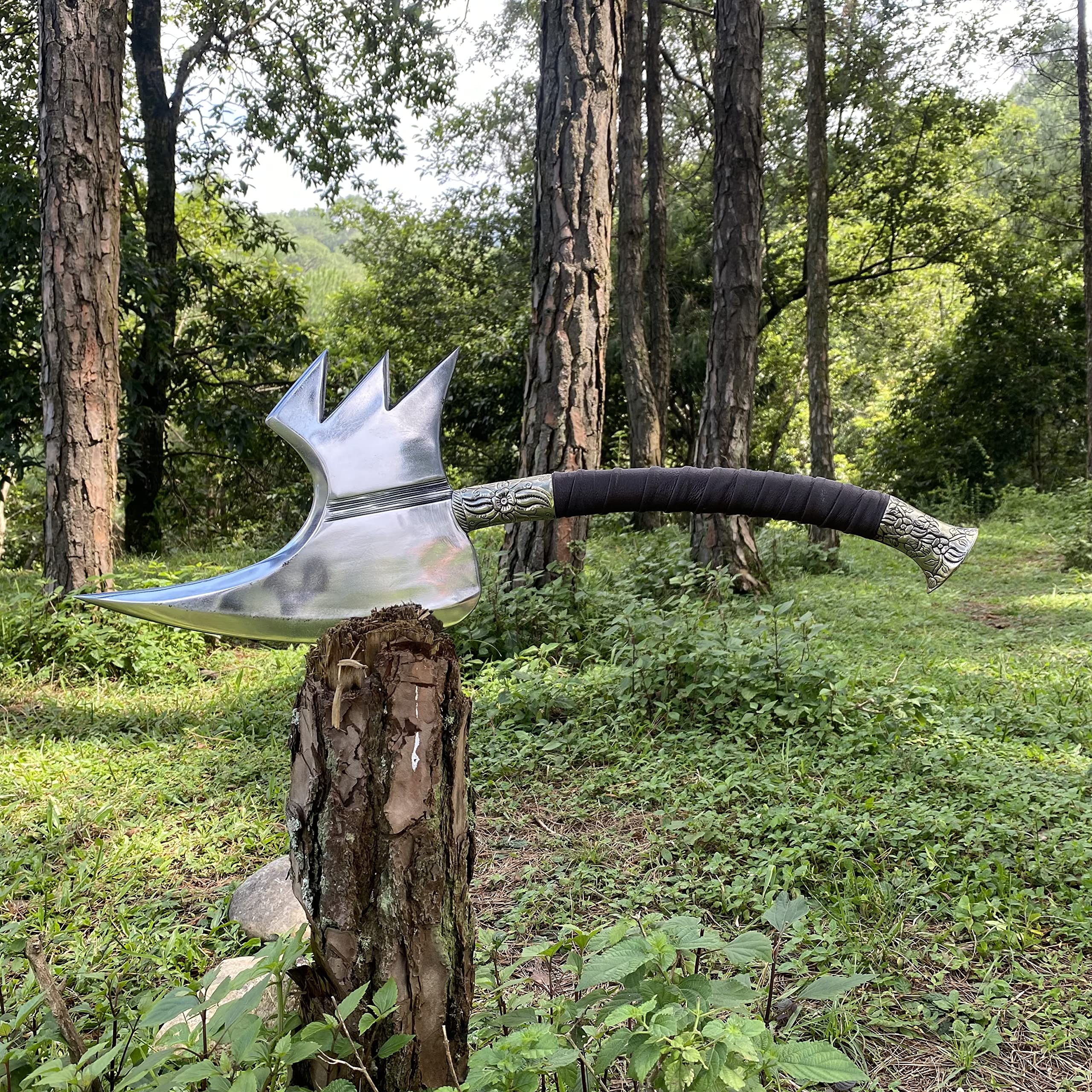 Siekiera do siekania, 33,5 cm, ostrze fantomowe do drewna, siekiera survivalowa, narzędzia do majsterkowania na świeżym powietrzu, z ostrzem ze stali węglowej i mosiężnym uchwytem, plus skórzana osłona