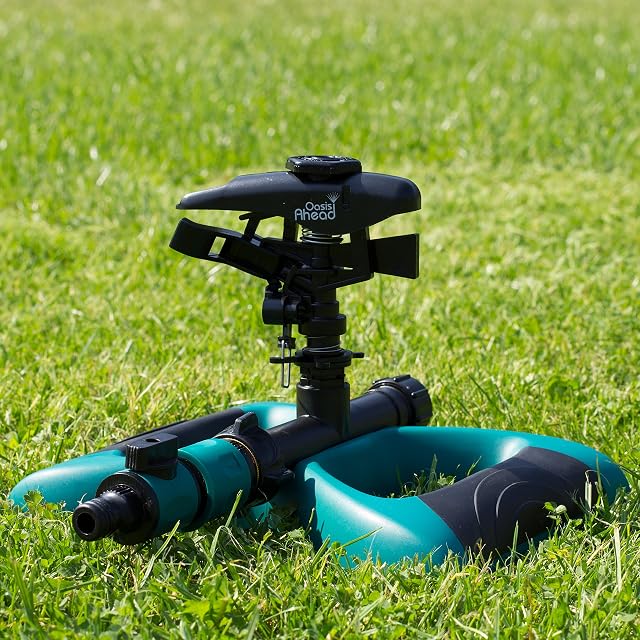 Oasis Ahead Lawn Sprinkler K-200 With Long Range Pulsating Head For Up To 360 Degrees Watering Of Your Garden Including Water Shut Off Valve and Metal Weighted Base with Extra Sprinkler Head