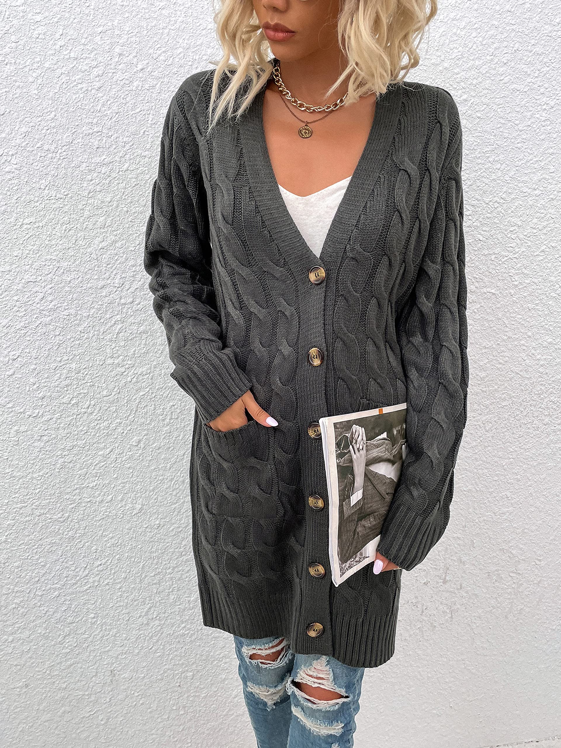 Damen Strickjacke Lang Cardigan mit Taschen Strickmantel Langarm Knopfleiste Knit Cardigan Open Front Herbst Winter Strick Mantel