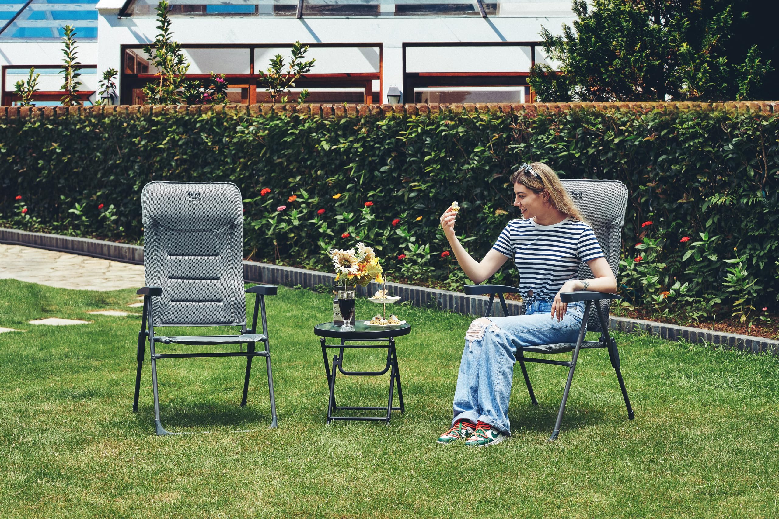 TIMBER RIDGE Chaise de Jardin Pliante Alu Dossier Inclinable 7 Positions | Fauteuil pliable léger en aluminium, assise confortable et pliage rapide, idéale pour le jardin, la terrasse et le balcon