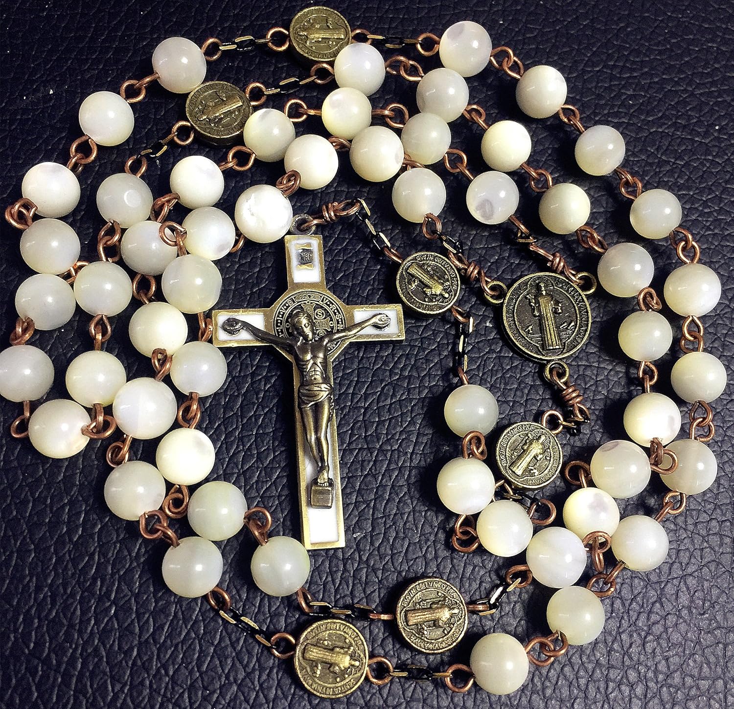 elegantmedical HANDMADE NICE Moonlight Mother of Pearl Beads St. Benedict Rosary necklace bronze Cross gift box Gift - Image 2