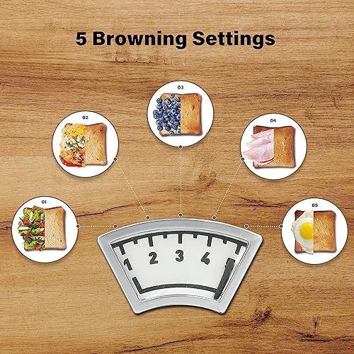Miniatura 5 de Simple Deluxe Tostadora de 2 rebanadas de ranura ancha de 1.5 pulgadas, 5 ajustes de tostado y 3 funciones, estilo retro de acero inoxidable,