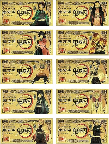 yjacuing anime demon slayer kimetsu no yaiba gold coated banknote limited edition collectible bill bookmark 10 pcs collection office products