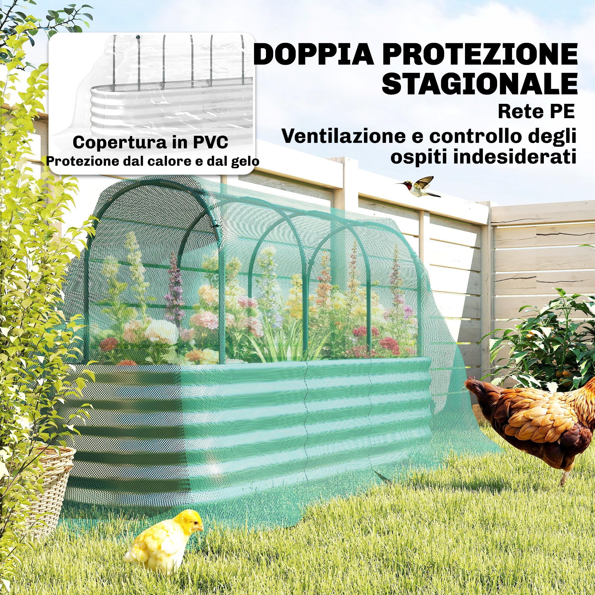 Outsunny Orto Rialzato da Esterno con Graticcio per Piante Rampicanti, Serra Coperture, Fioriera da Esterno Elevata in Acciaio con Fondo Aperto e Guanti, Verdure e Fiori, 200x60x103 cm, Argento