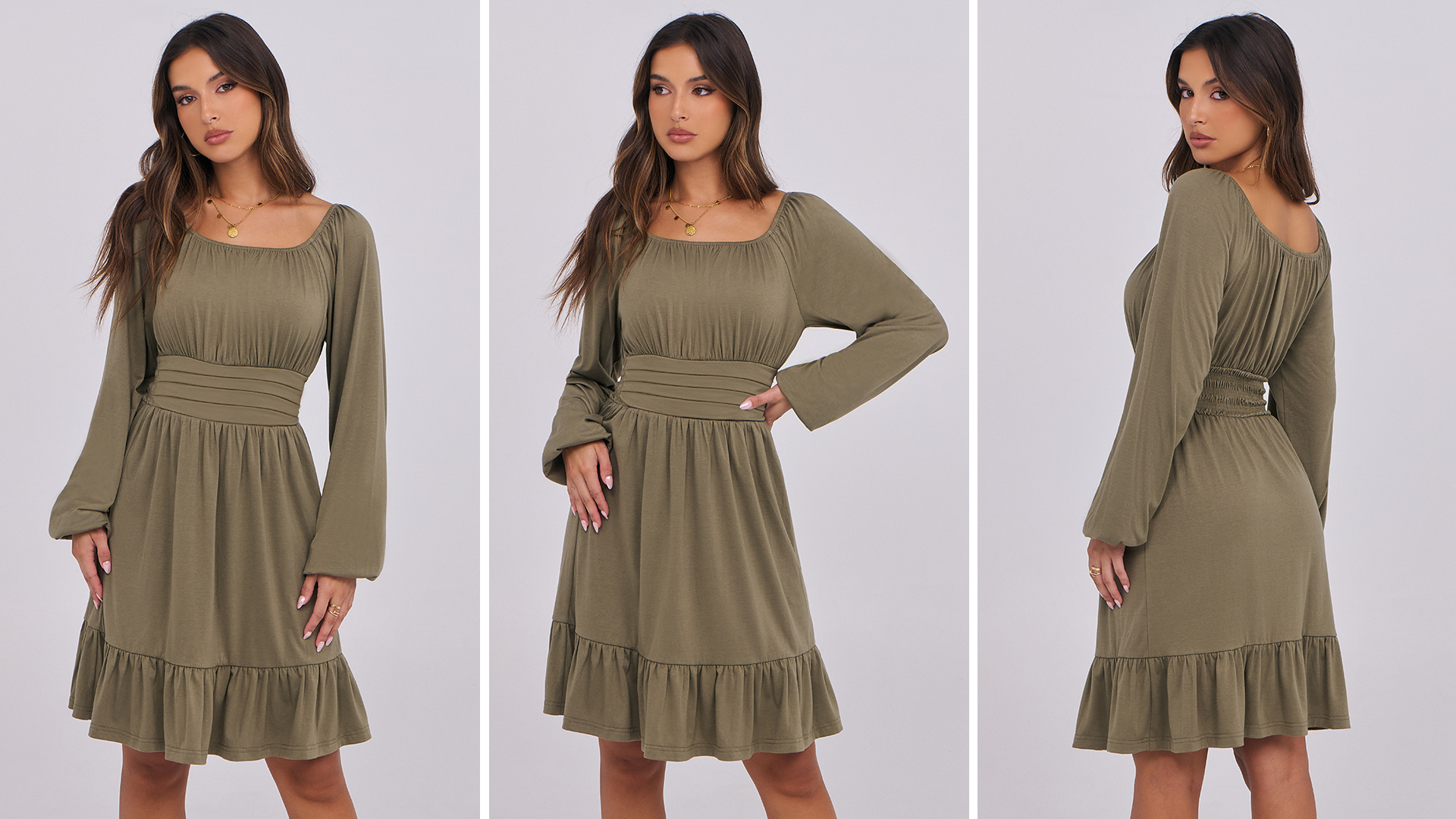 ANRABESS Womens Dress Long Lantern Sleeve Square Neck Elastic Waist Ruffle  Flowy Swing A-Line Short Dresses 2025 Fall Fashion Army Green X-Small at  Amazon Women's Clothing store