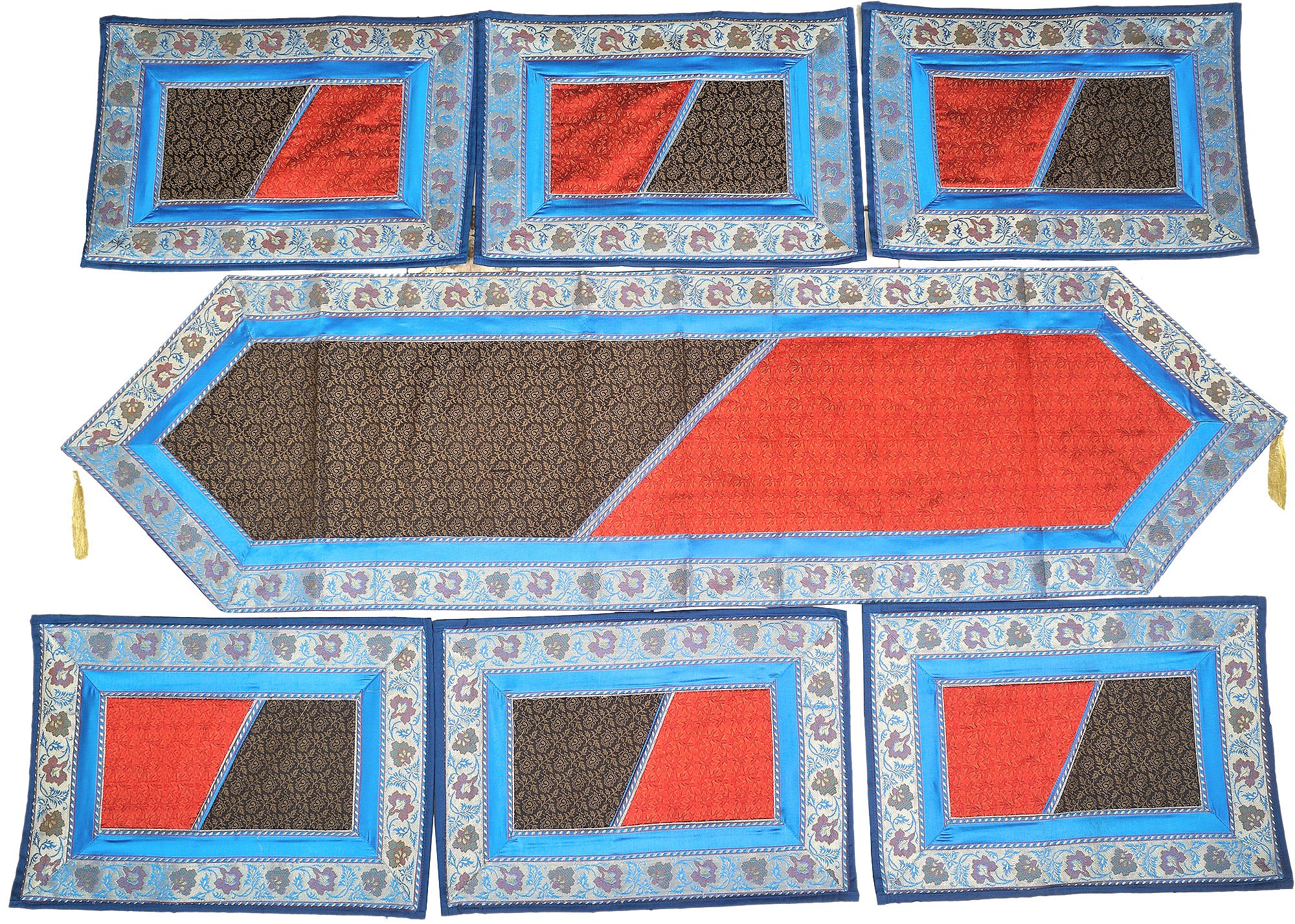 Exotic India Swedish-Blue Seven Piece Brocaded Dinner Set from Banaras - Art Silk-image-28