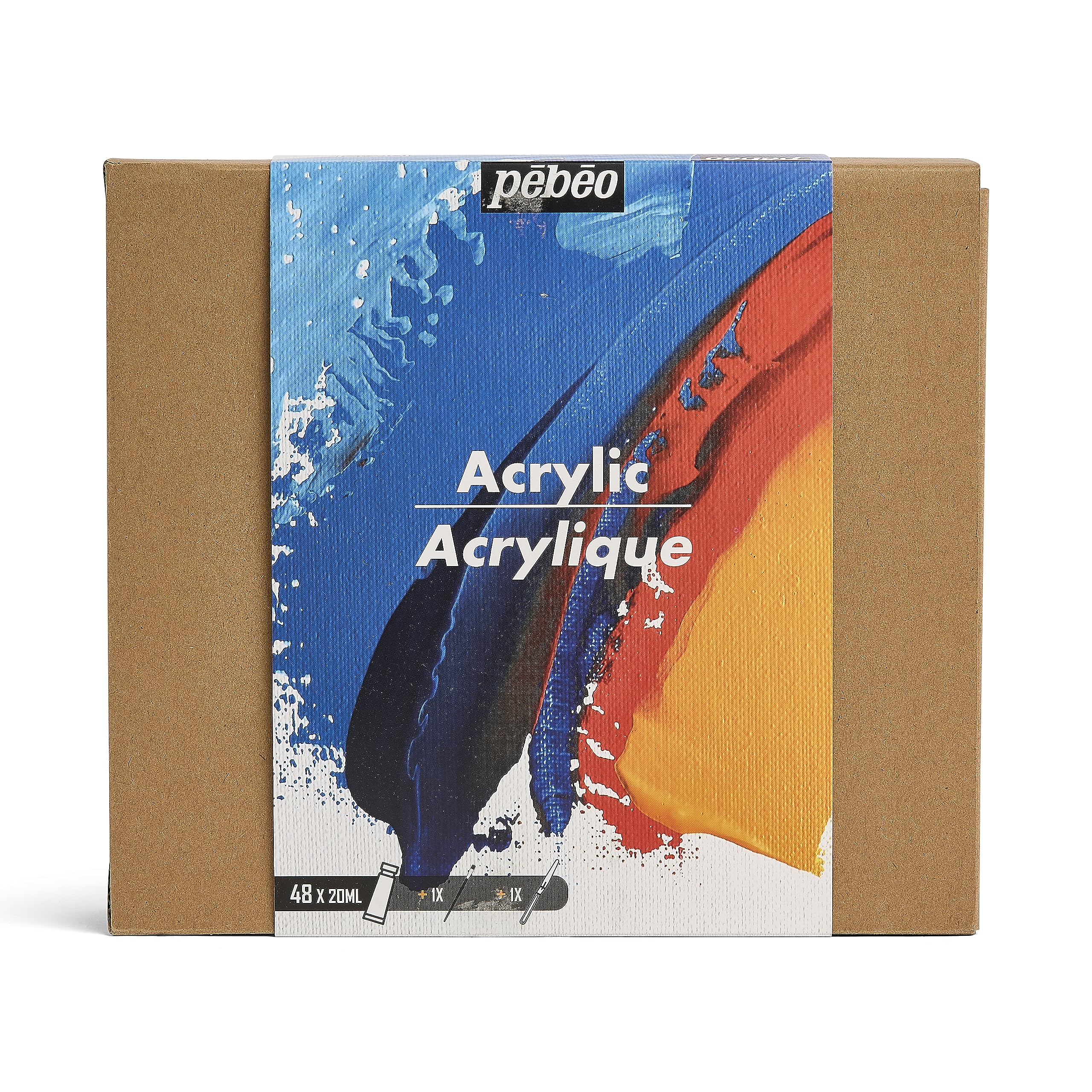 Pebeo - Studio Acrylics - Zestaw 48 probówek 20 ml Różne kolory + akcesoria - zestaw farb akrylowych dla artystów i początkujących - pędzle + szpatułka + kartonik z tarczą - kolory świecące