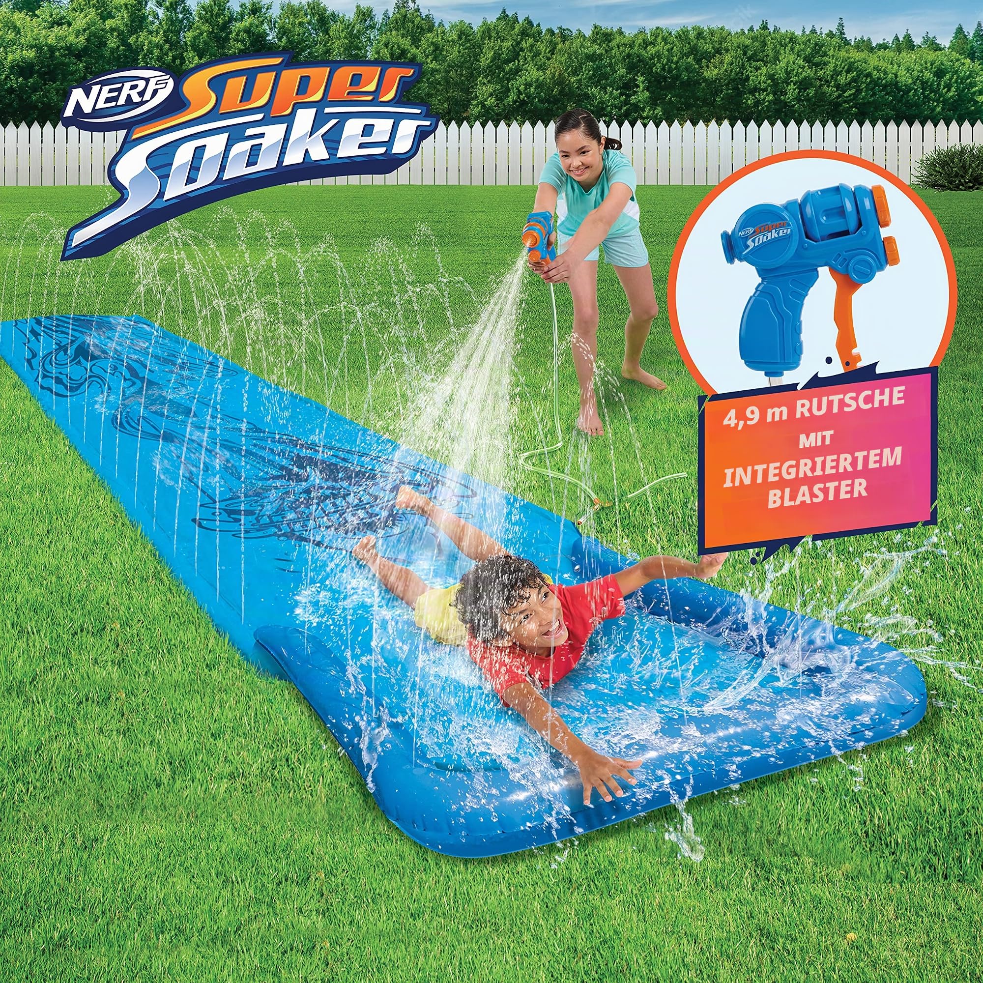NERF Super Soaker Blast Wasserrutsche - Die ultimative 4,6 m Outdoor-Rutsche für Kinder - Inklusive extra Wasserblaster
