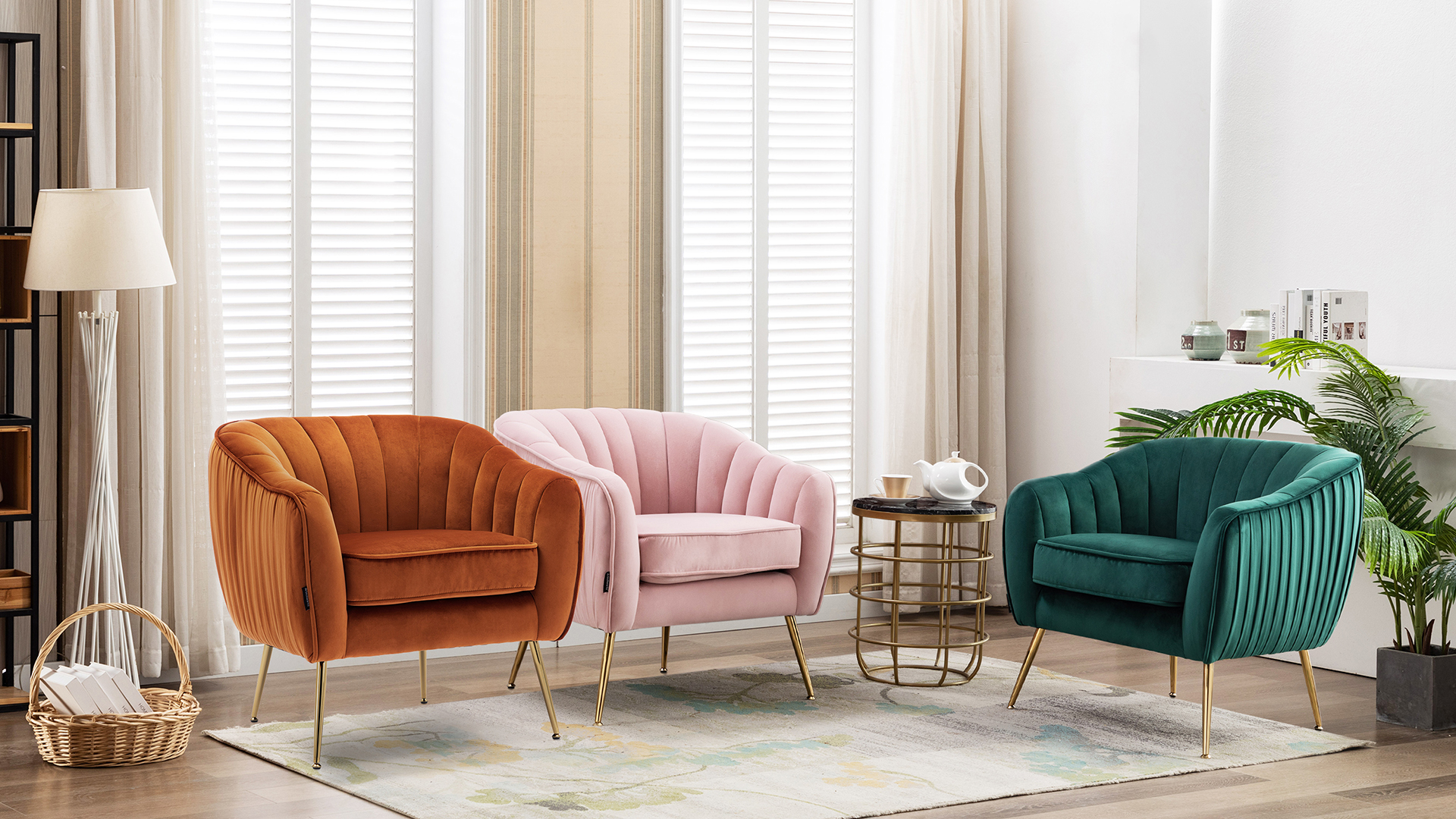 Sillón tub con tapizado suave y patas doradas verde miniatura 7