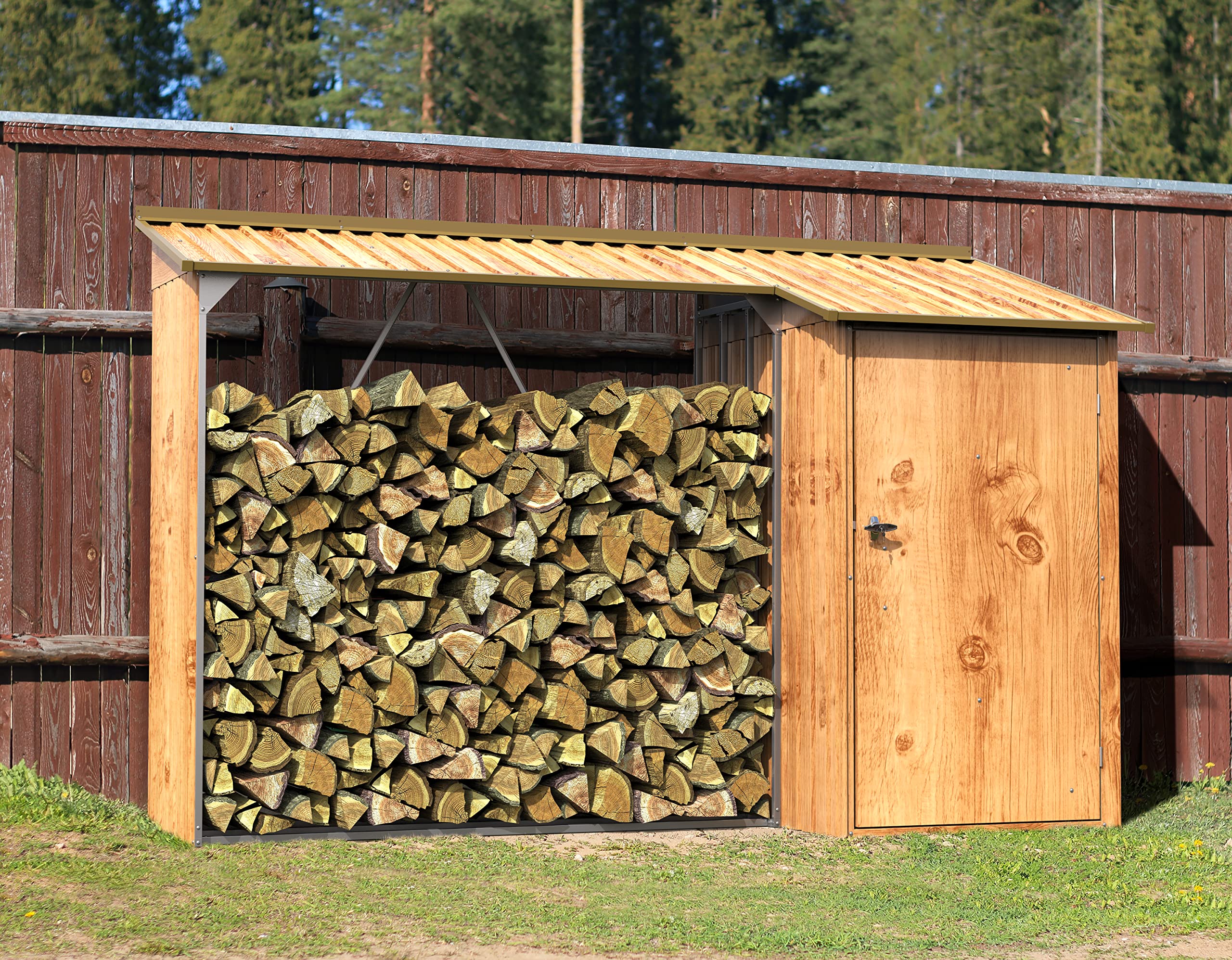 Duramax WoodStore Combo 8 x 3 Kaminholzunterstand, Holzlager mit seitlich geschlossenem Stauraum, Tür mit Schlüssel abschließbar, Boden zum Anheben des Holzes, Holzmaserung