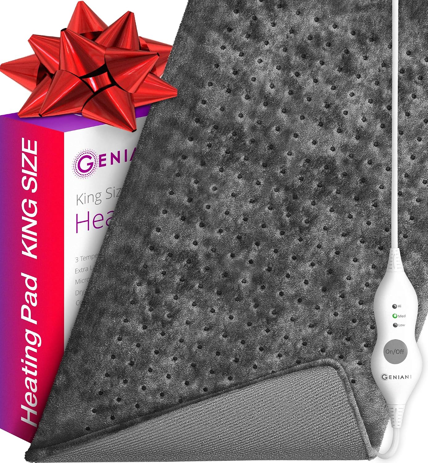 GENIANI Extra Large Electric Heating Pad for Back Pain and Cramps Relief - Auto Shut Off - Soft Heat Pad 12"x24" for Moist & Dry Therapy (Charcoal Black) (XXL)