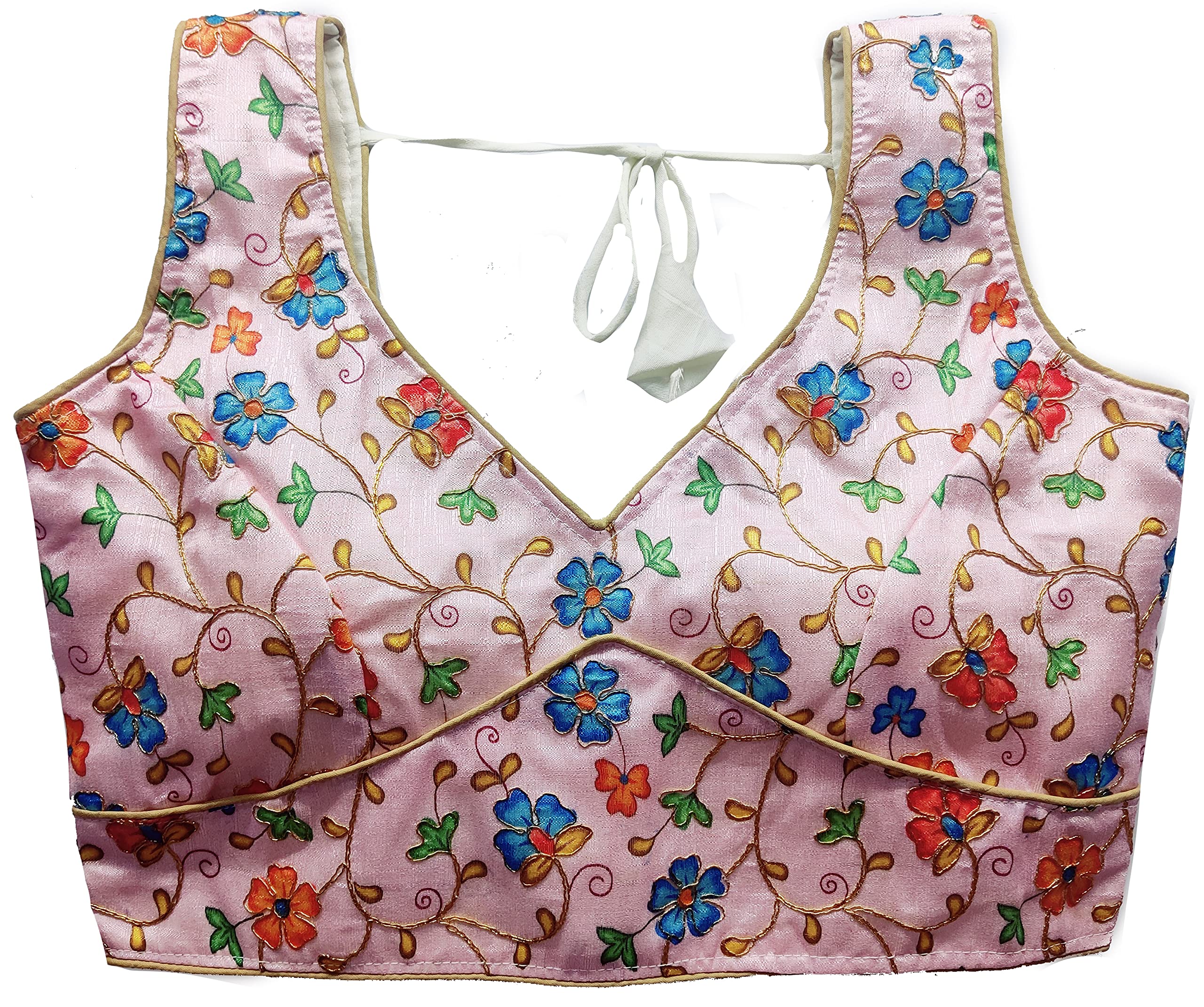 Vihu FashionWomen's Deep V Neck Multicolor Phantom Silk Floral Work Sleeveless Readymade Saree Blouse for Lehenga Choli