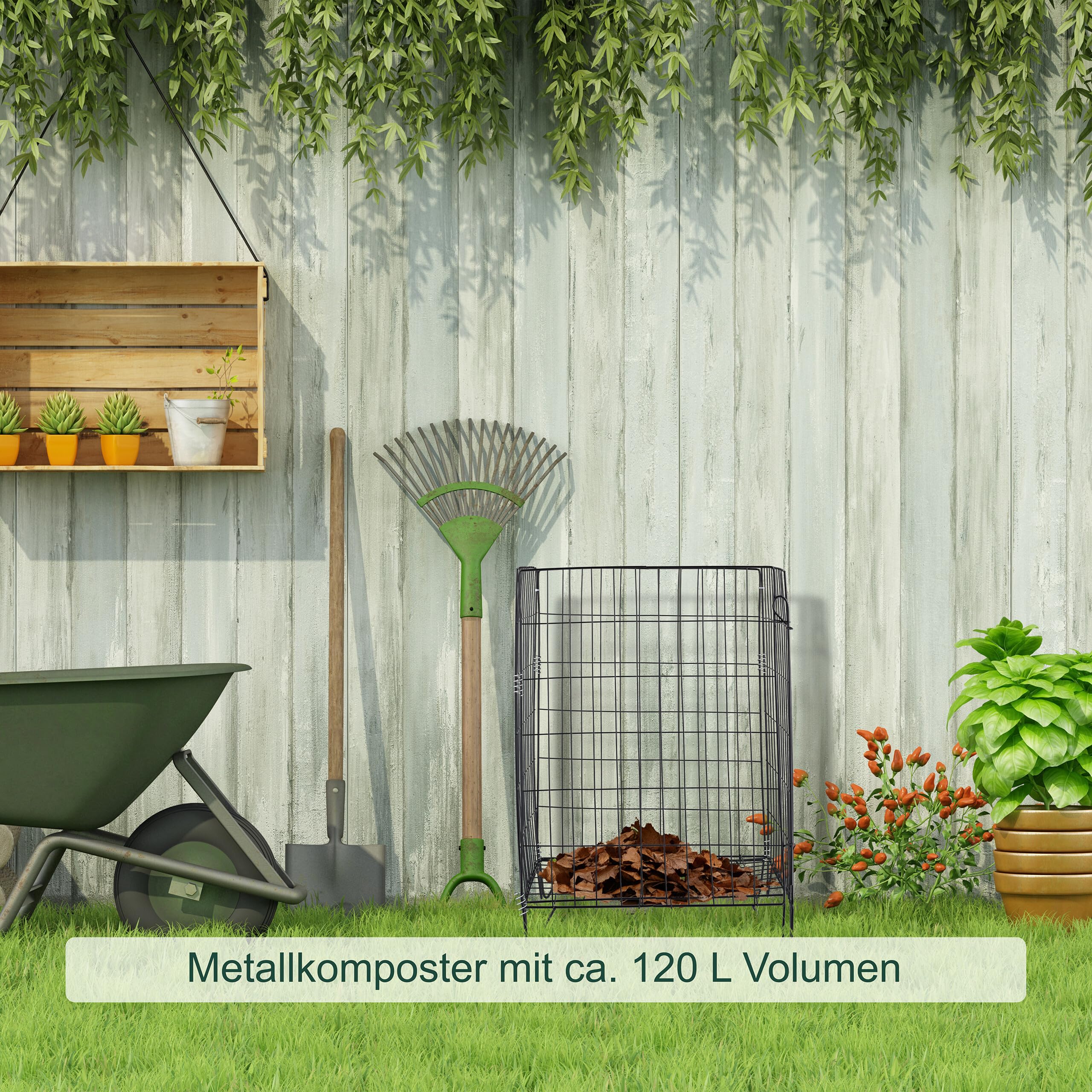 Relaxdays Komposter Metall, Bodengitter und Füße, HBT: 68 x 46 x 46 cm, für Gartenabfall, Kompostgitter, Stahl, schwarz