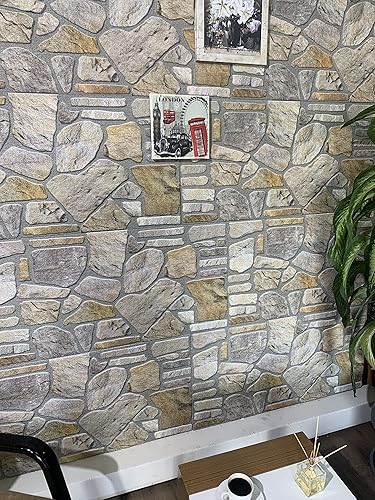 Miniatura 2 de Dundee Deco Paneles de pared 3D revestimiento de pared con aspecto de piedra de oro gris, revestimiento de espuma de poliestireno para aplicaciones