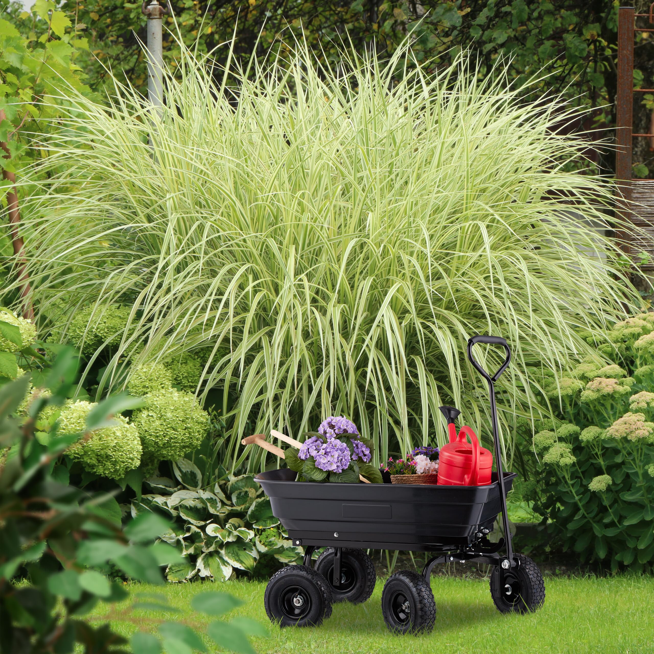 Relaxdays Gartenwagen, mit Kippfunktion, Gartenabfälle, 4 Luftreifen 3.50-4, bis 250 kg, Handwagen zum Ziehen, schwarz