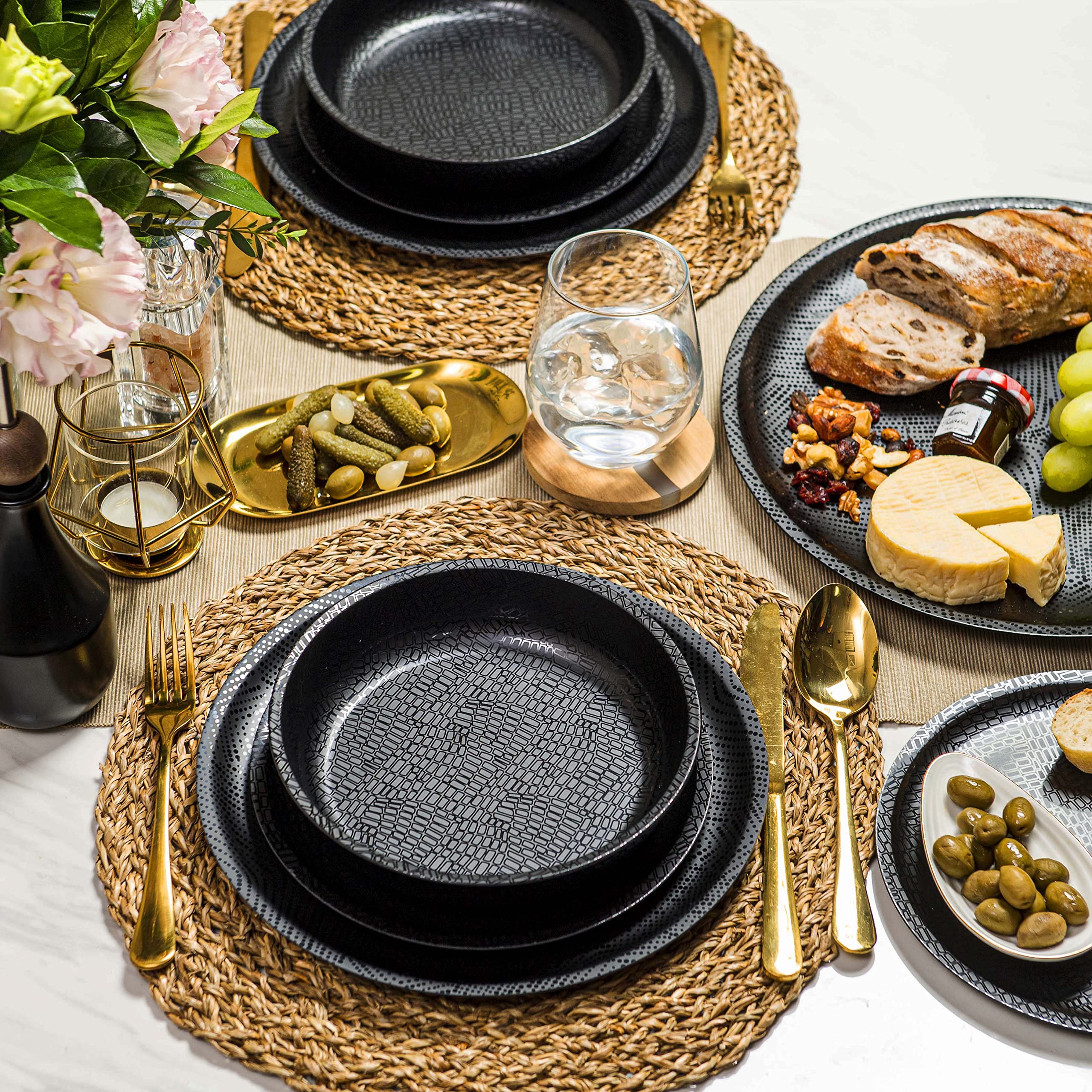 bzyoo 12 Piece Melamine Dinnerware Set - Durable, Dishwasher Safe Black Plates and Bowls - Casual Dining, Parties, Camping Dish Set Mono Black Collection