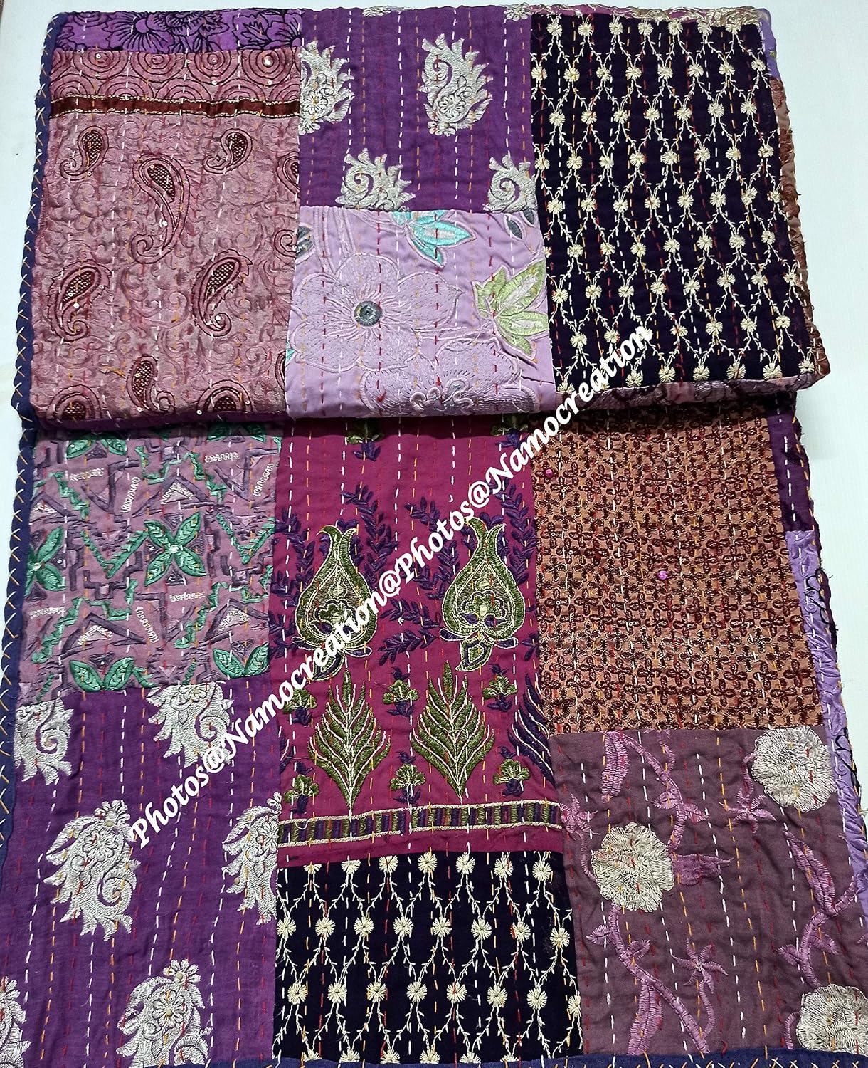 Embroidery Assorted Patchwork Kantha Quilt Reversible Patchwork Kantha Bedspread Bed Cover Decor Throw Blanket California King/Queen/Twin (60X90 Inches)