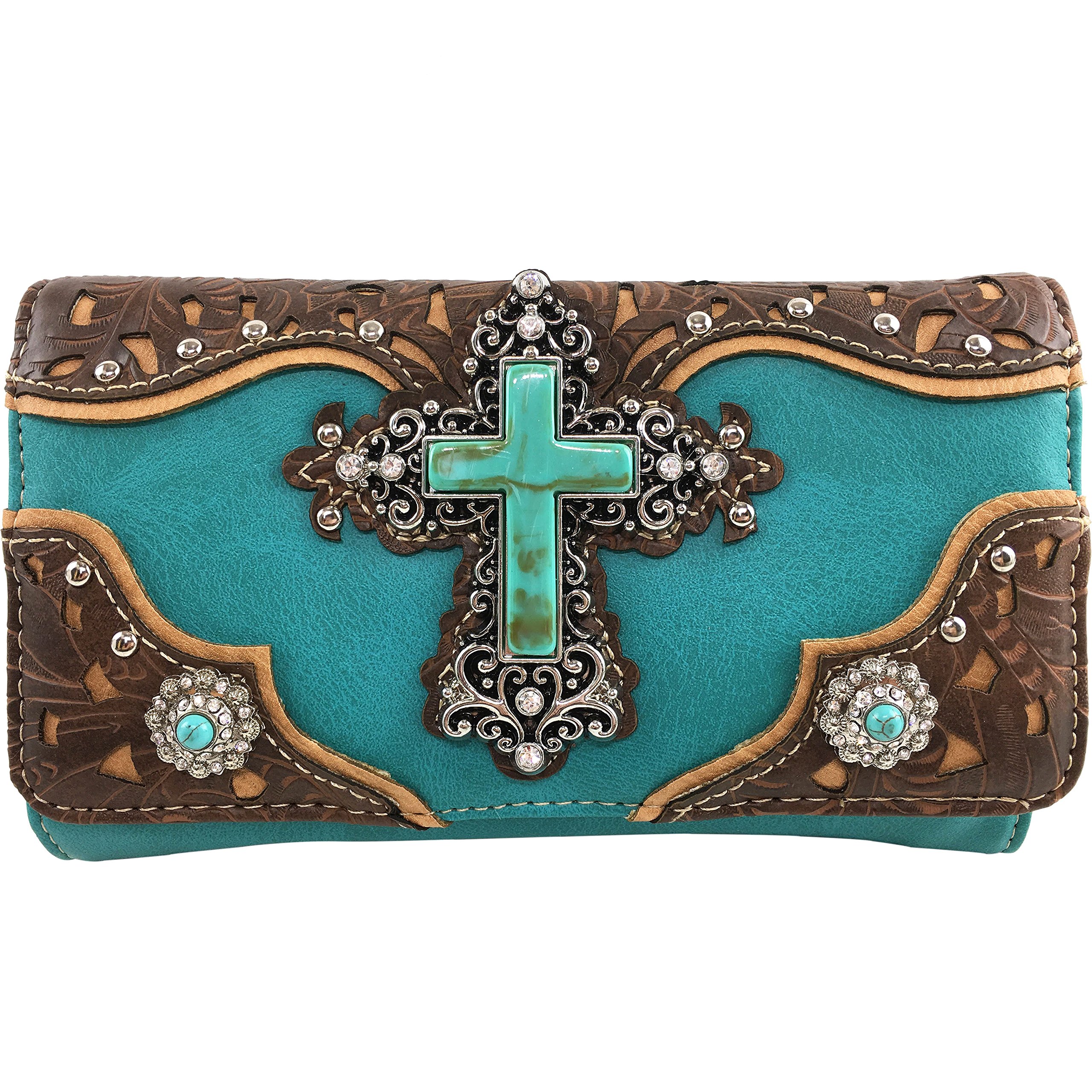 Justin West Tooled Leather Laser Cut Turquoise Rhinestone Cross Concho Studded Messenger Handbag with CrossBody Strap (Turquoise Wallet)
