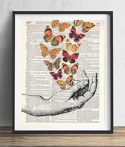 Hand With Butterflies (#2), Vintage Dictionary Art Print, Antique Wall Art Home Decor, Modern Boho Poster, Farmhouse Decoration Living Room Bedroom