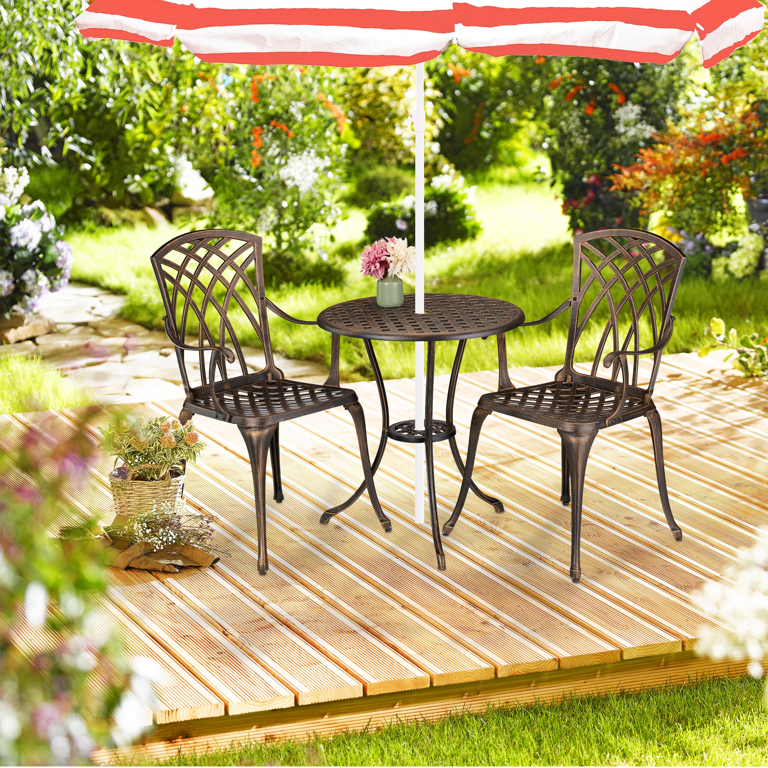 Relaxdays Salon de Jardin pour 2 Personnes, Table avec 2 chaises, Fonte d'aluminium, Design Antique, Blanc et Bronze