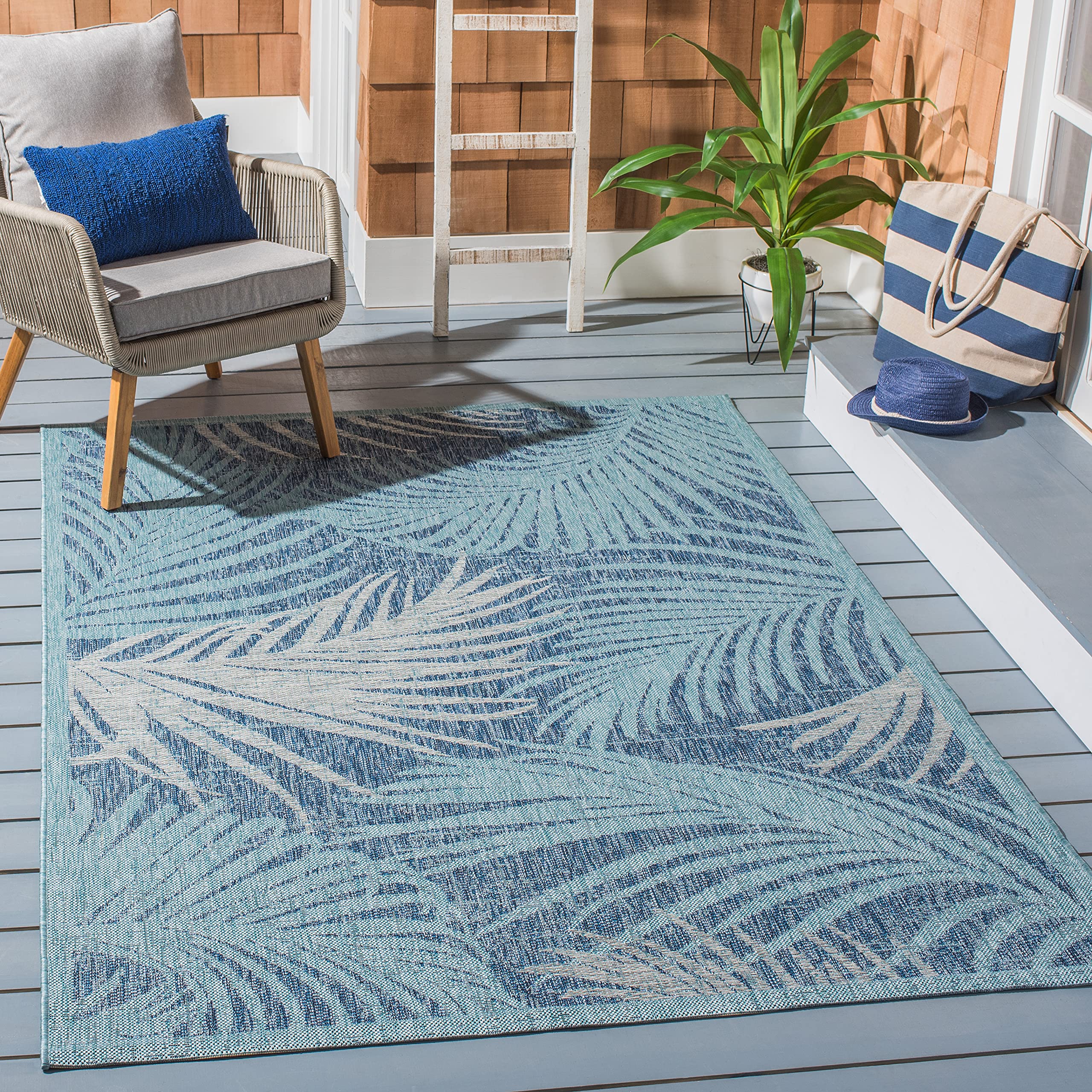 SAFAVIEH Washable Rug Outdoor Courtyard Collection - 5'3" x 7'7", Aqua Blue & Navy, Non-Shedding & Easy Cleaning, Ideal for Patio, Backyard, Mudroom (