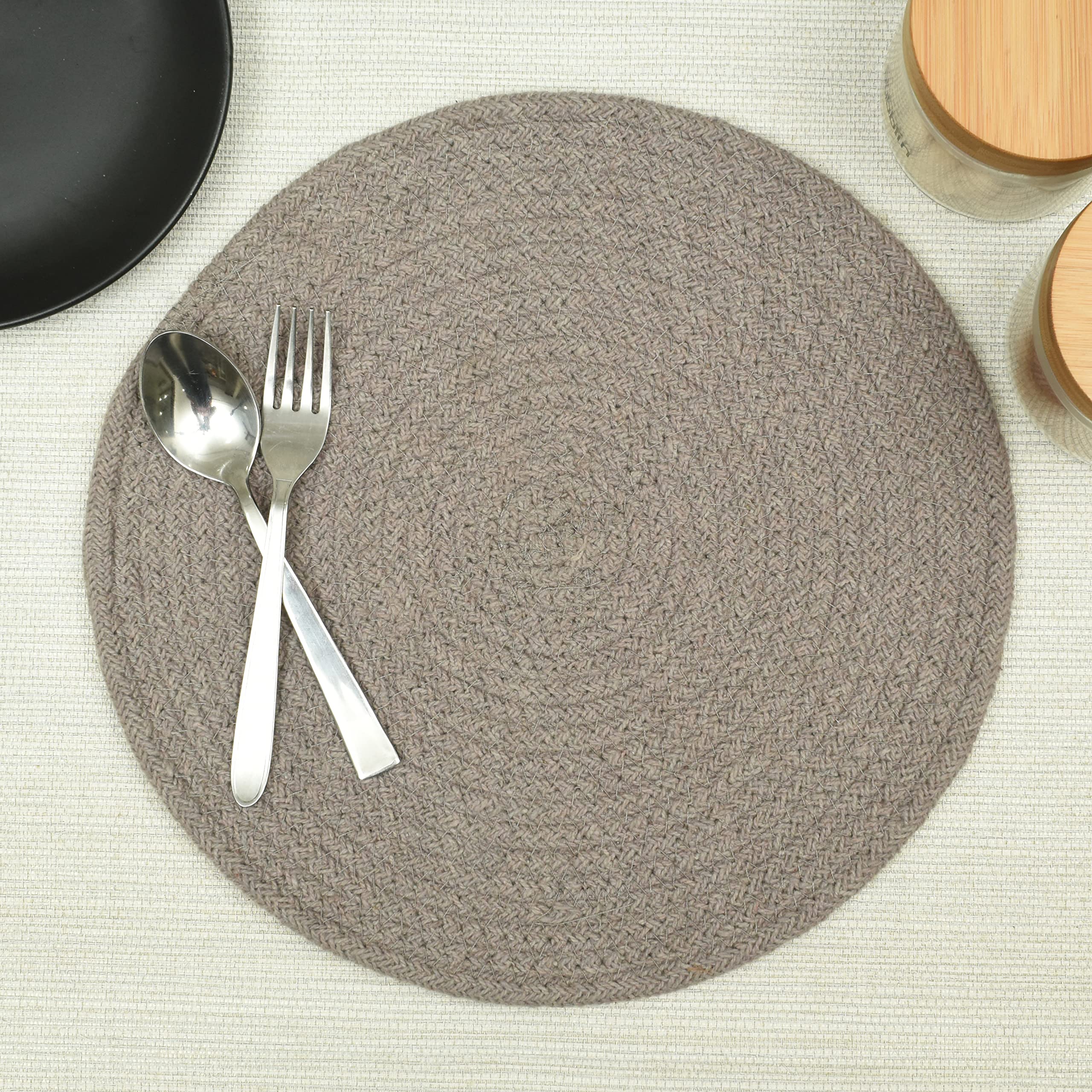 HOMADORN Jute/Cotton Round Trivet Reversible Table Place Mats for Casserole, Plates, Pan, Tray, Bowl, Vase, Decorative Sculptures (Grey (Pack of 6), 12 INCHES X 12 INCHES)