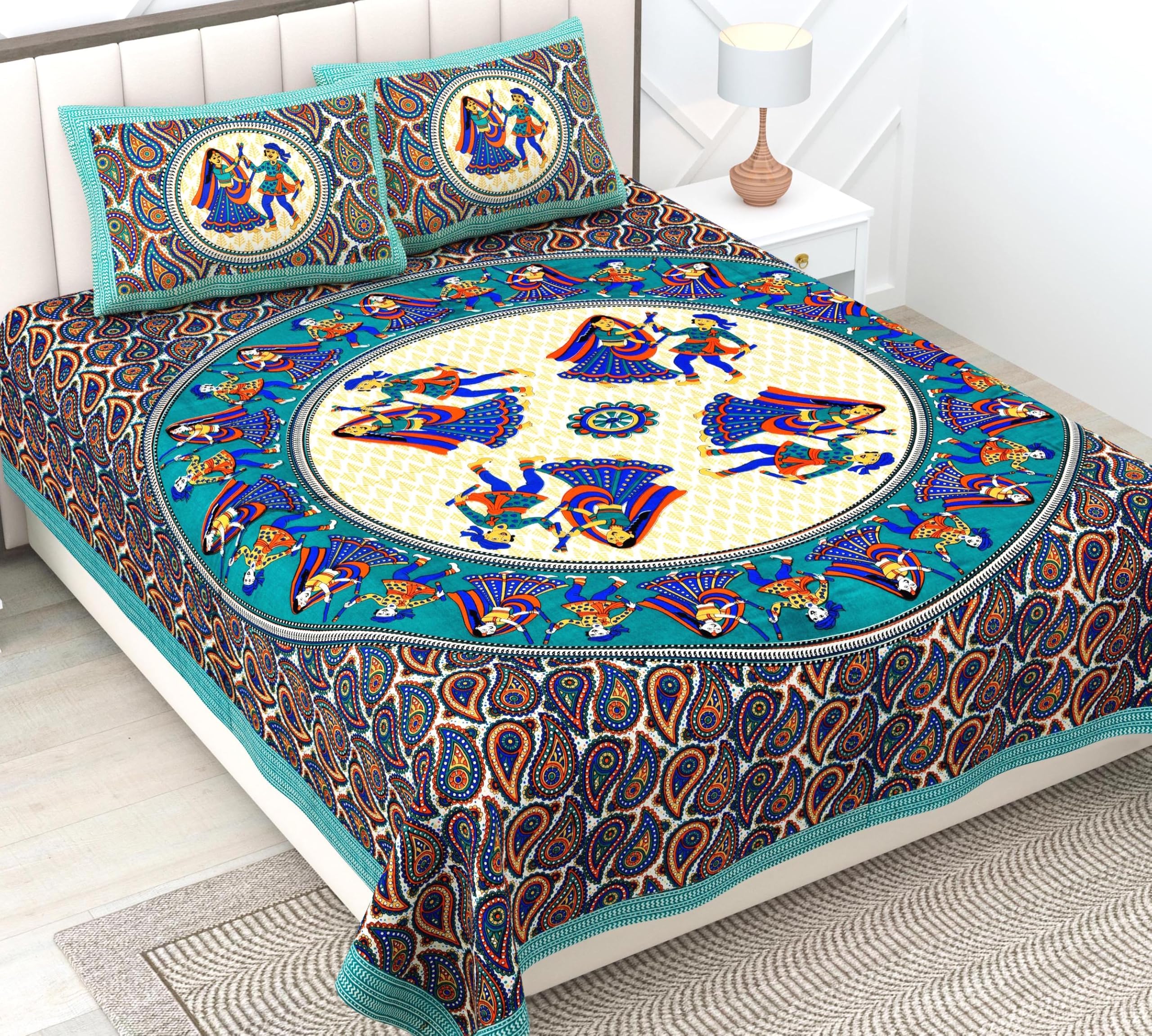 RajasthaniKart® Comfort Rajasthani Jaipuri Traditional Sanganeri Print 144 TC Cotton Double Bedsheet with 2 Pillow Covers - King