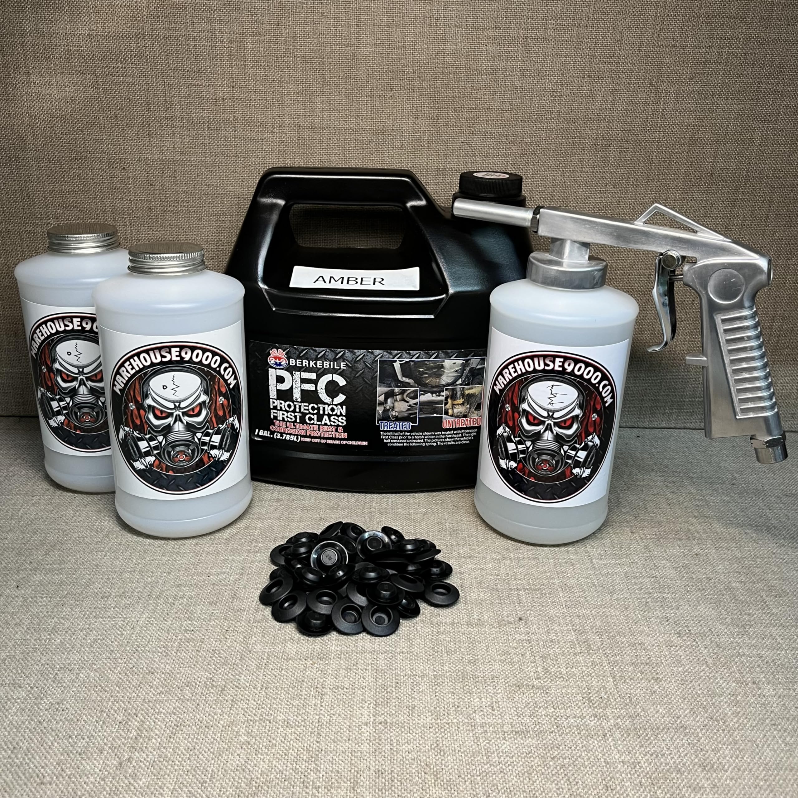 Gallon PFC Amber, Standard Economy Undercoating Spray Gun, 3 White Quart Bottles, and 50 Rust Plugs