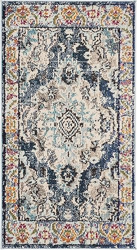 Miniatura 390 de Safavieh Tapete de área grande, colección Monaco, 11 pies x 15 pies, azul marino y celeste, diseño desgastado de medallón, no desprende pelusa